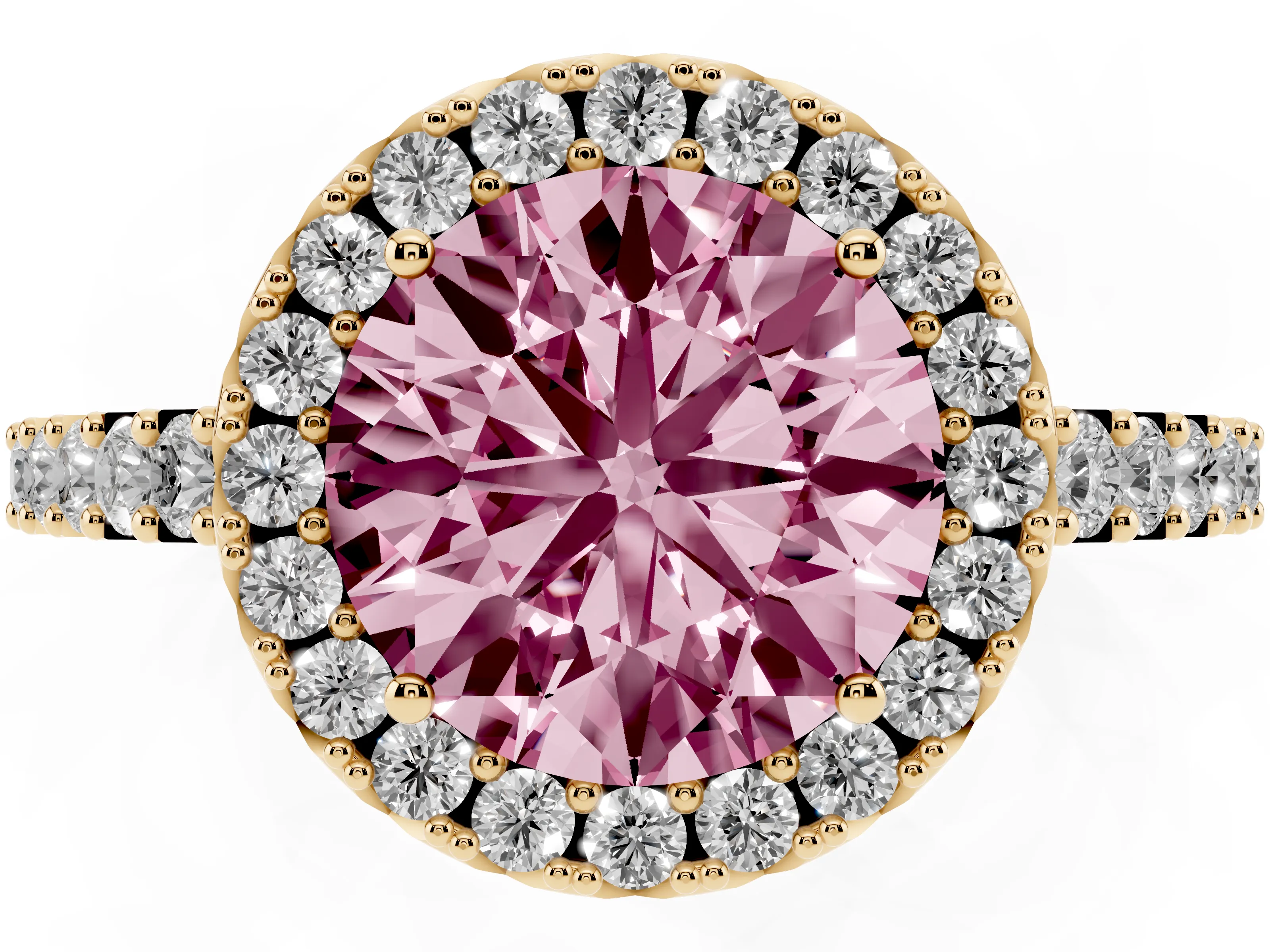 Fancy Pink Round Cut Diamond Halo Pavé Solitaire Ring Set in Yellow gold with Prong-Set Center Stone