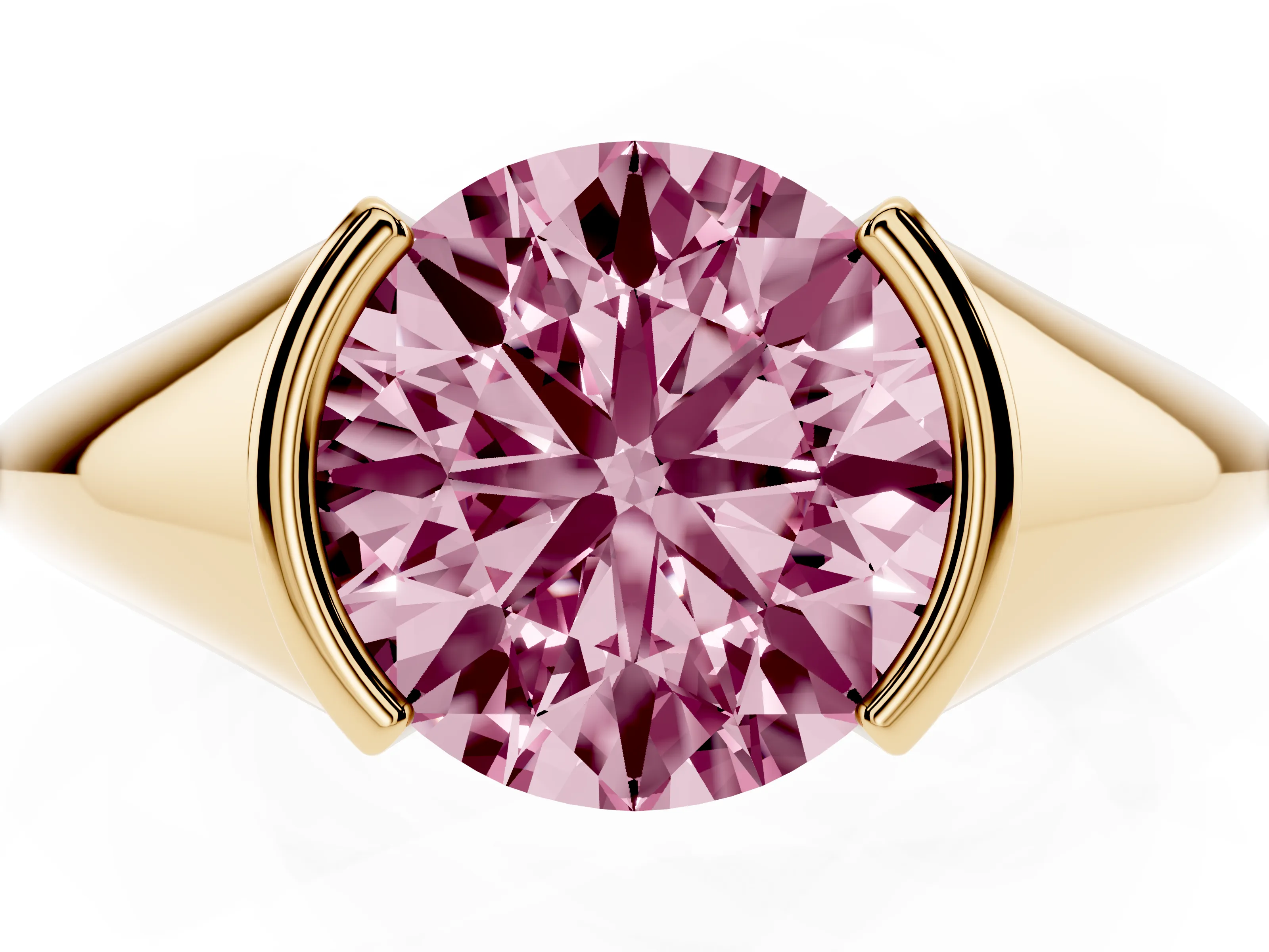 Fancy Pink Round Cut Diamond Solitaire Tension Set Ring Set in Yellow gold