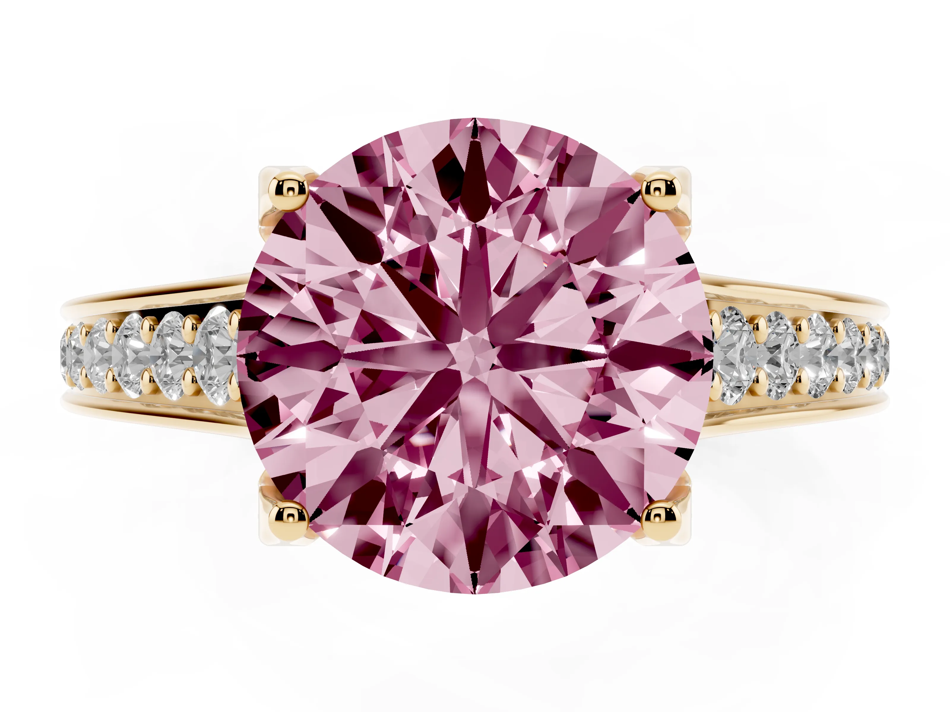 Fancy Pink Round Cut Diamond Solitaire Pavé Engagement Ring Set in Yellow gold with Prong Setting
