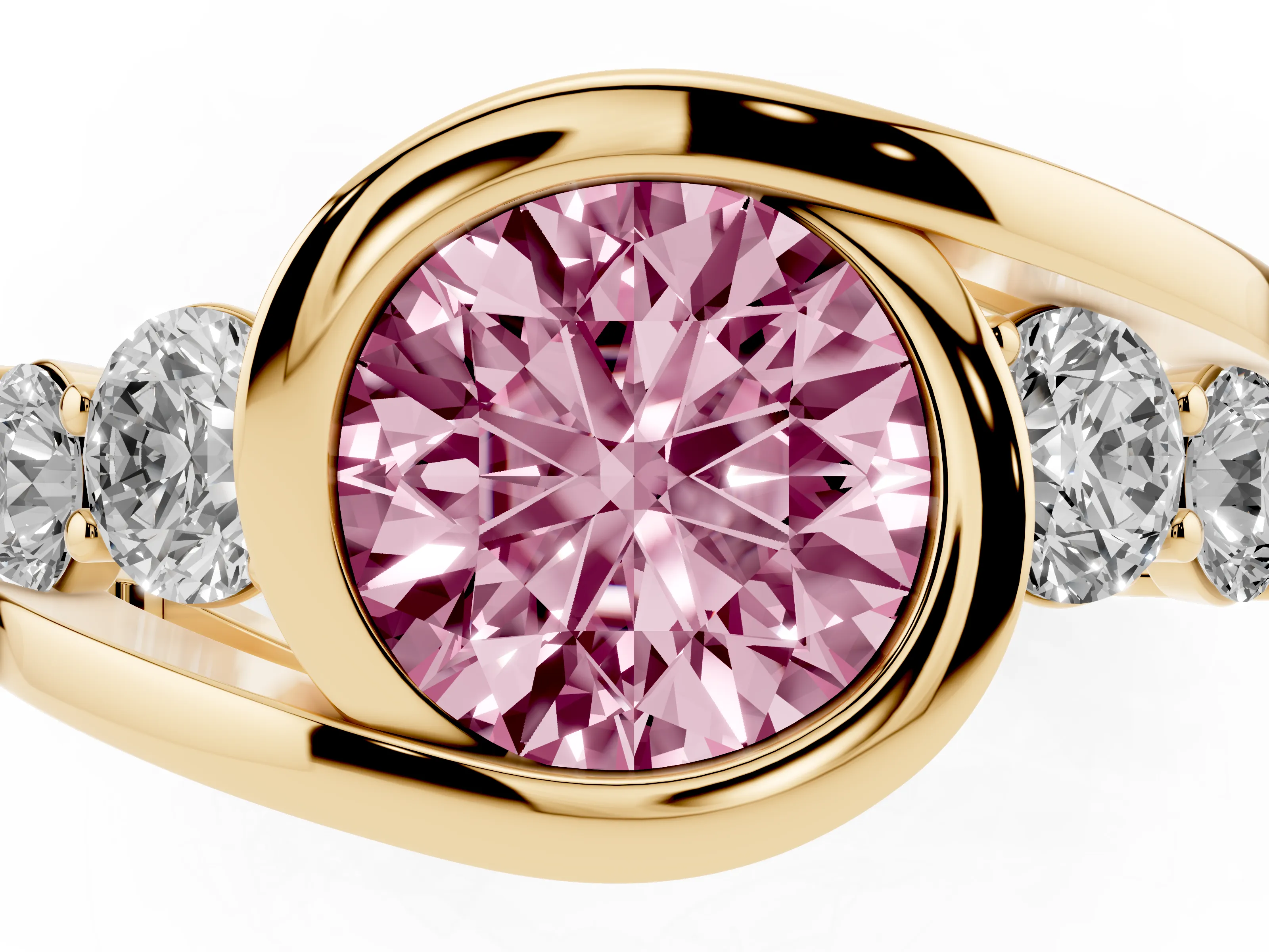 Fancy Pink Round Cut Diamond Bezel Bypass Ring Set in Yellow gold with Round Accents