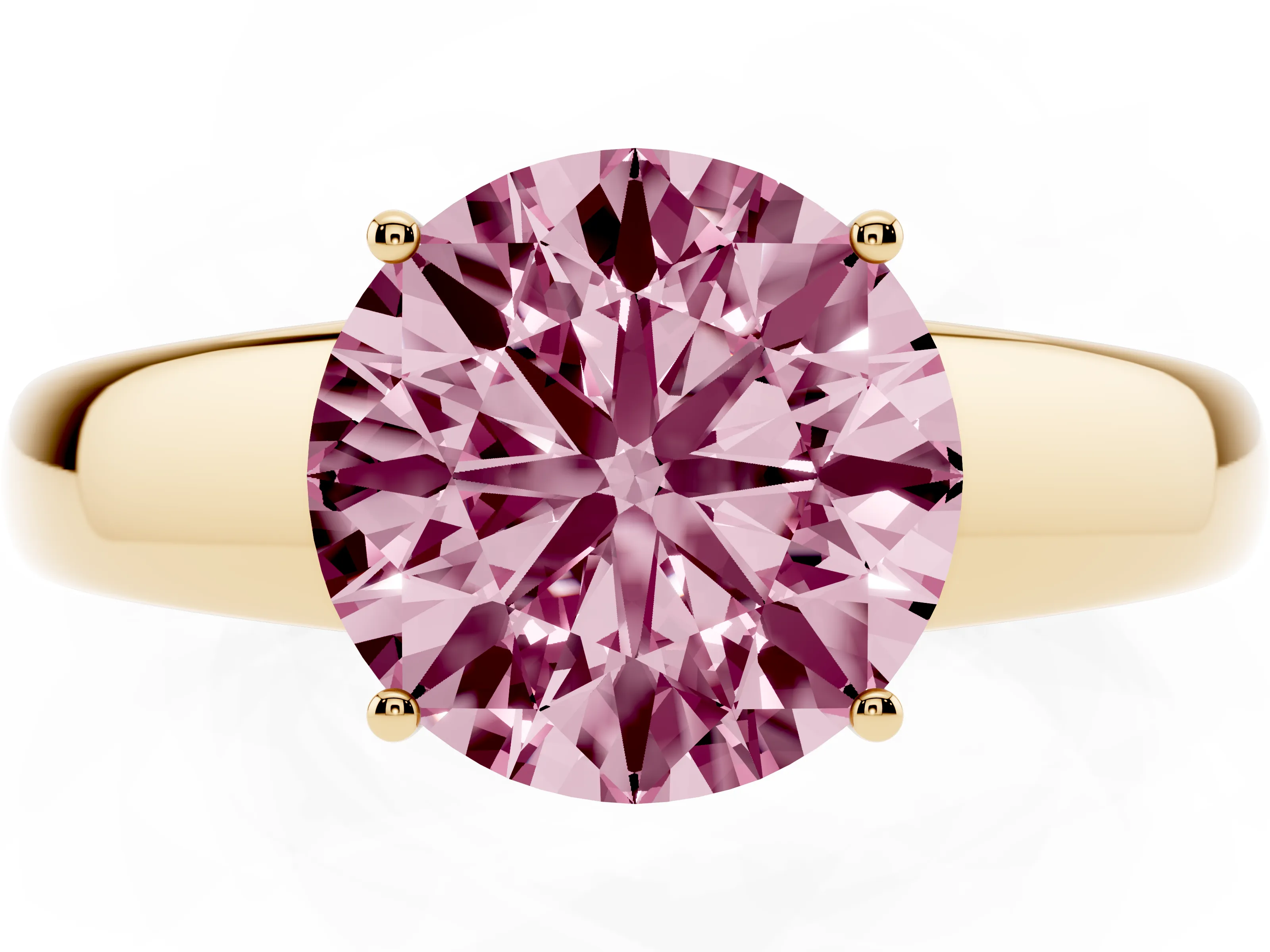 Fancy Pink Round Cut Diamond Solitaire Ring Set in Yellow gold with Tapered Band and Prong Setting