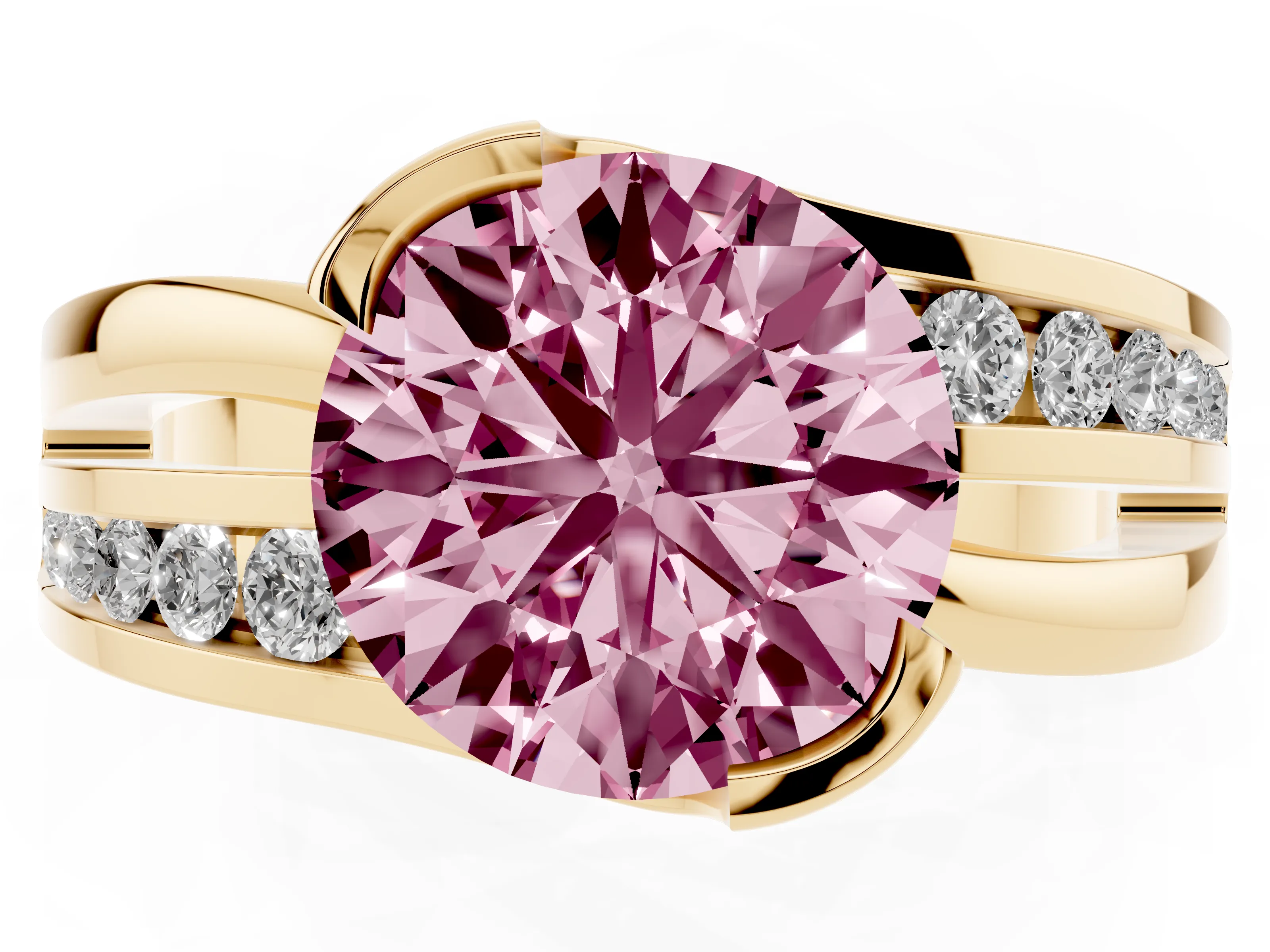 Fancy Pink Round Cut Diamond Solitaire Ring Set in Yellow gold with Channel Set Split Shank and Tension Prongs