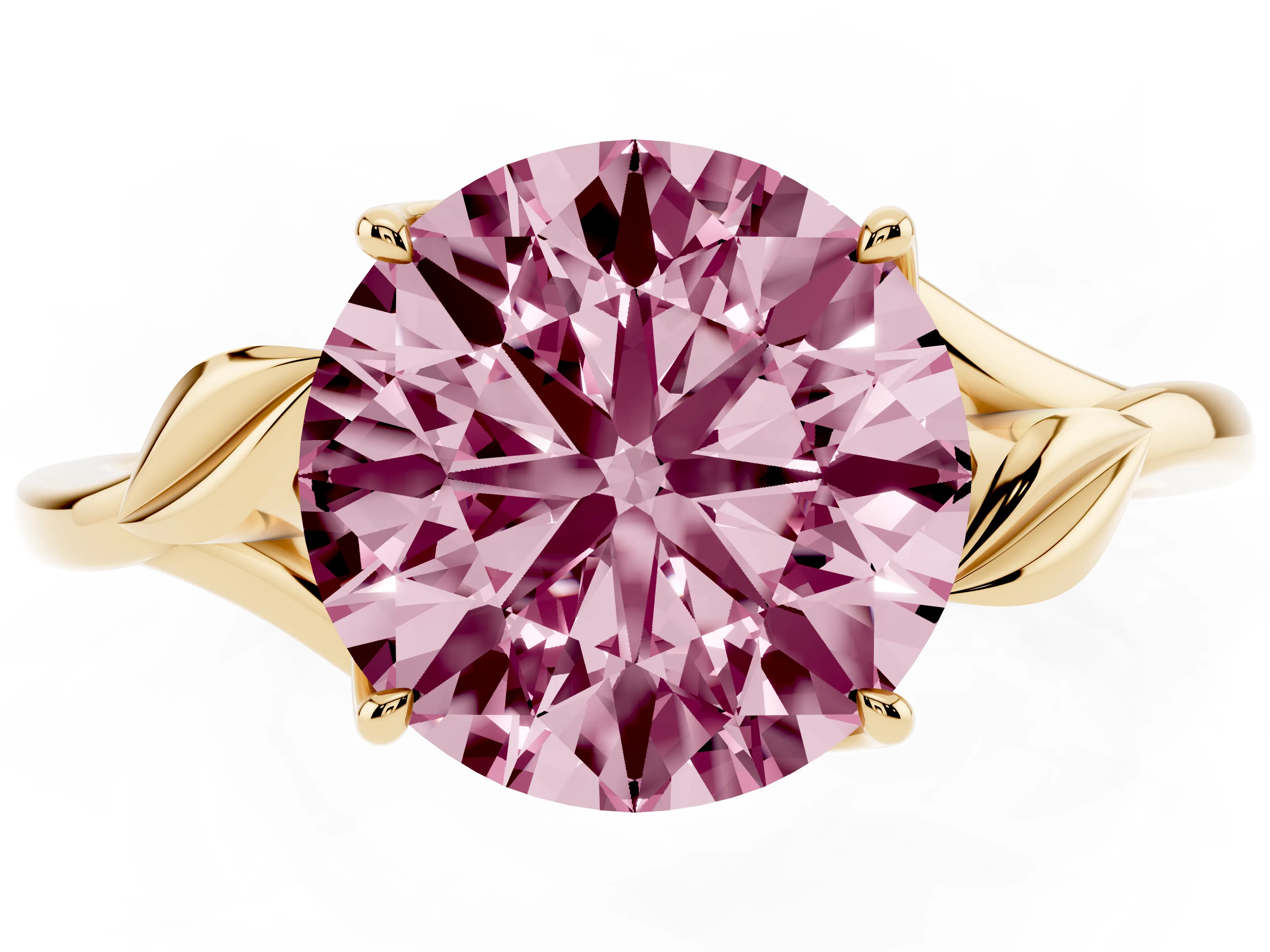 Fancy Pink Round Cut Diamond Solitaire Ring Set in Yellow gold with Polished Twist Band