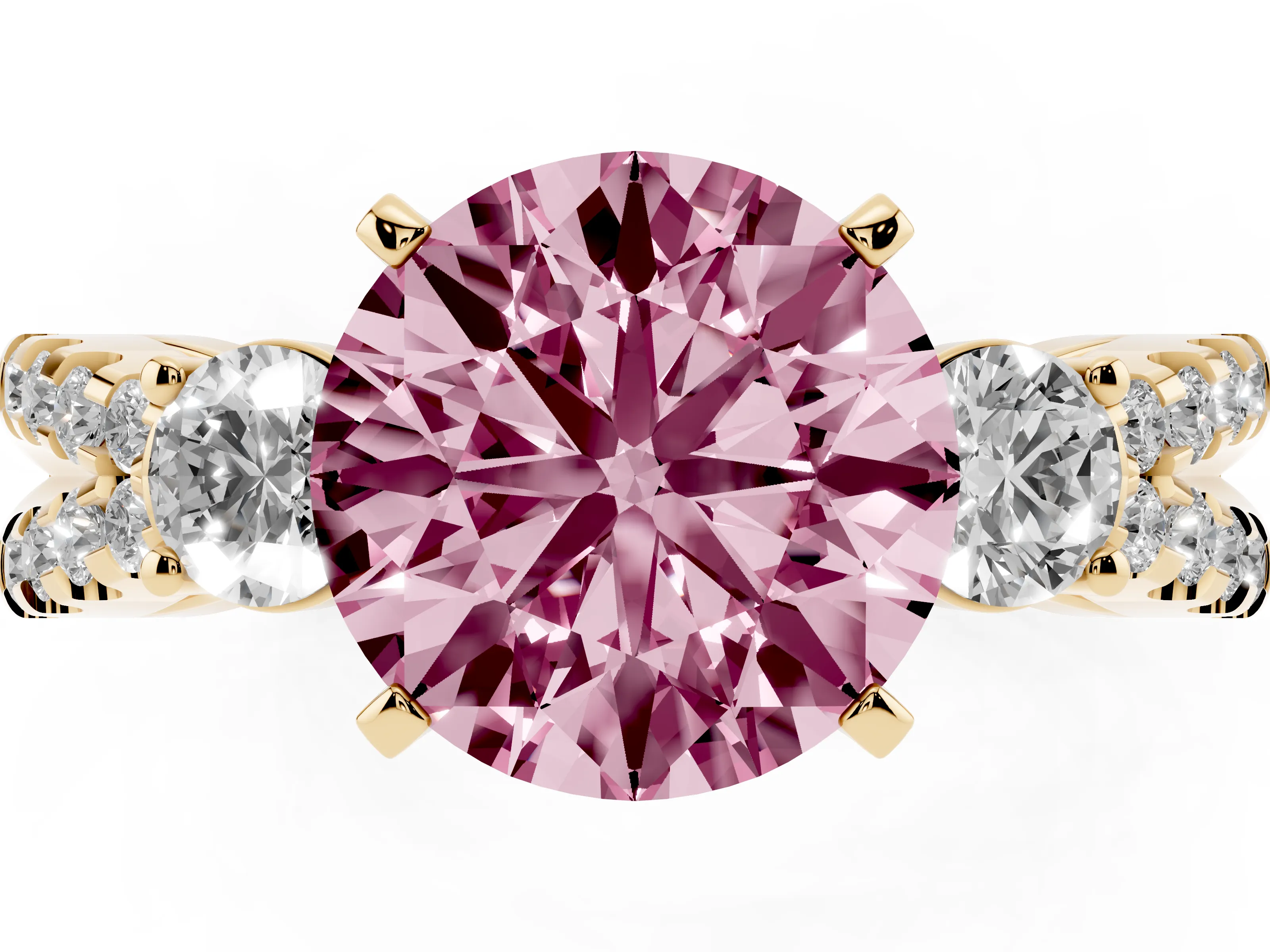 Fancy Pink Round Cut Diamond Three-Stone Ring Set in Yellow gold with Pavé Split Shank and Prong Setting
