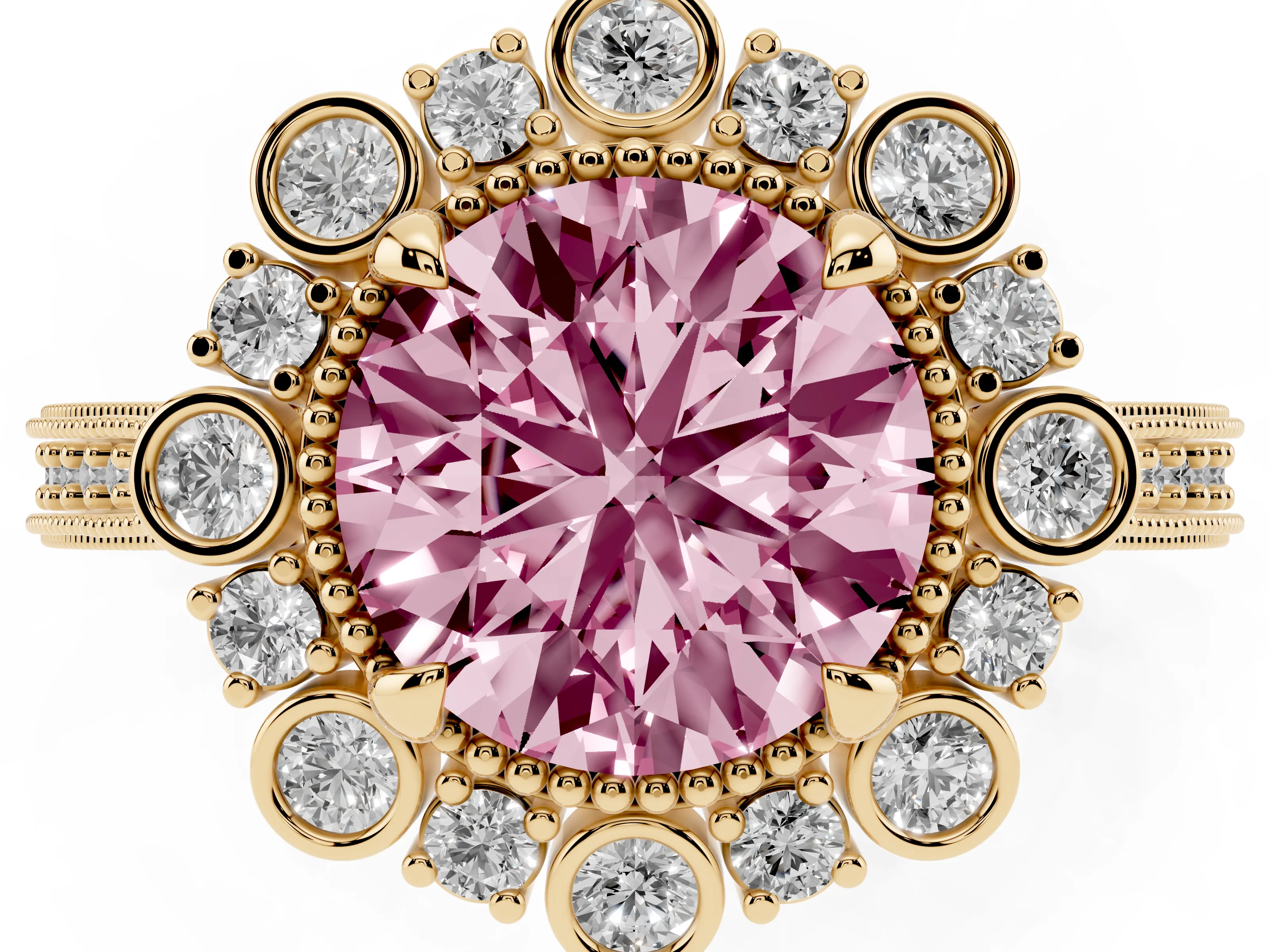 Fancy Pink Round Cut Diamond Halo Milgrain Pavé Ring Set in Yellow gold with Prong Setting