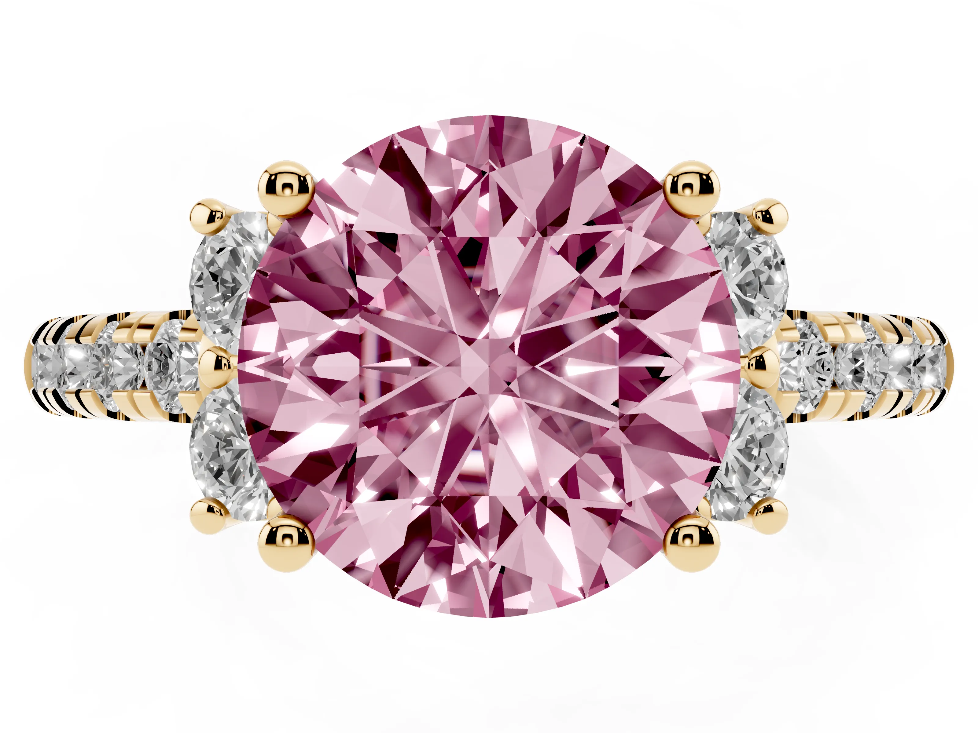 Fancy Pink Round Cut Diamond Three-Stone Pavé Ring Set in Yellow gold with Prong Setting