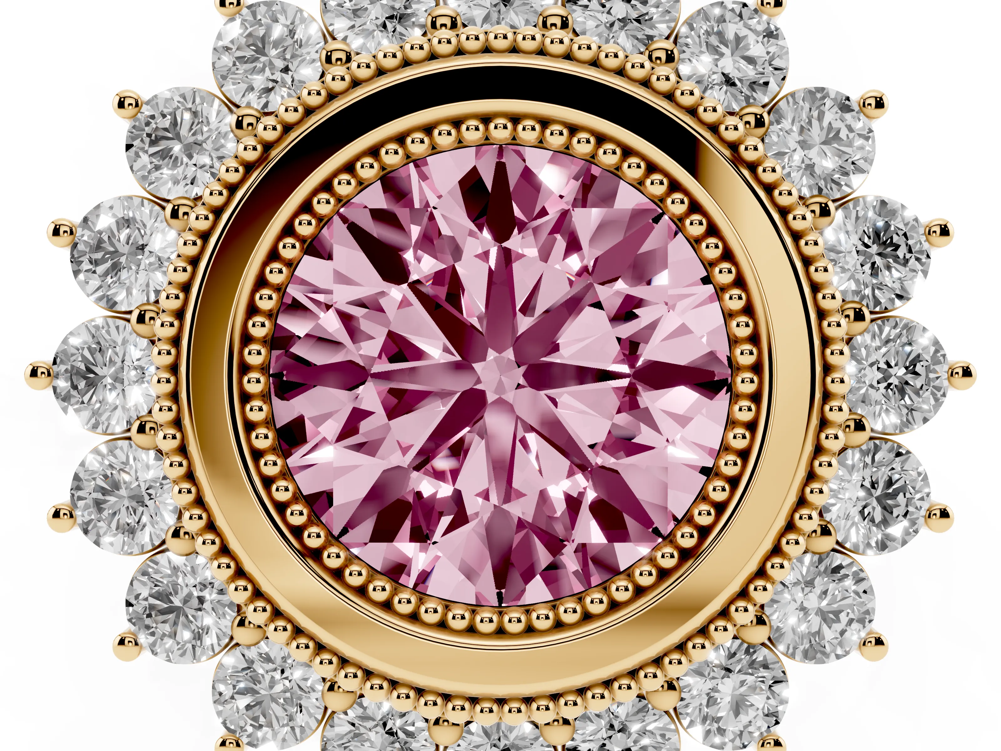Fancy Pink Round Cut Diamond Halo Ring Set in Yellow gold with Milgrain Edge and Round Prong Setting