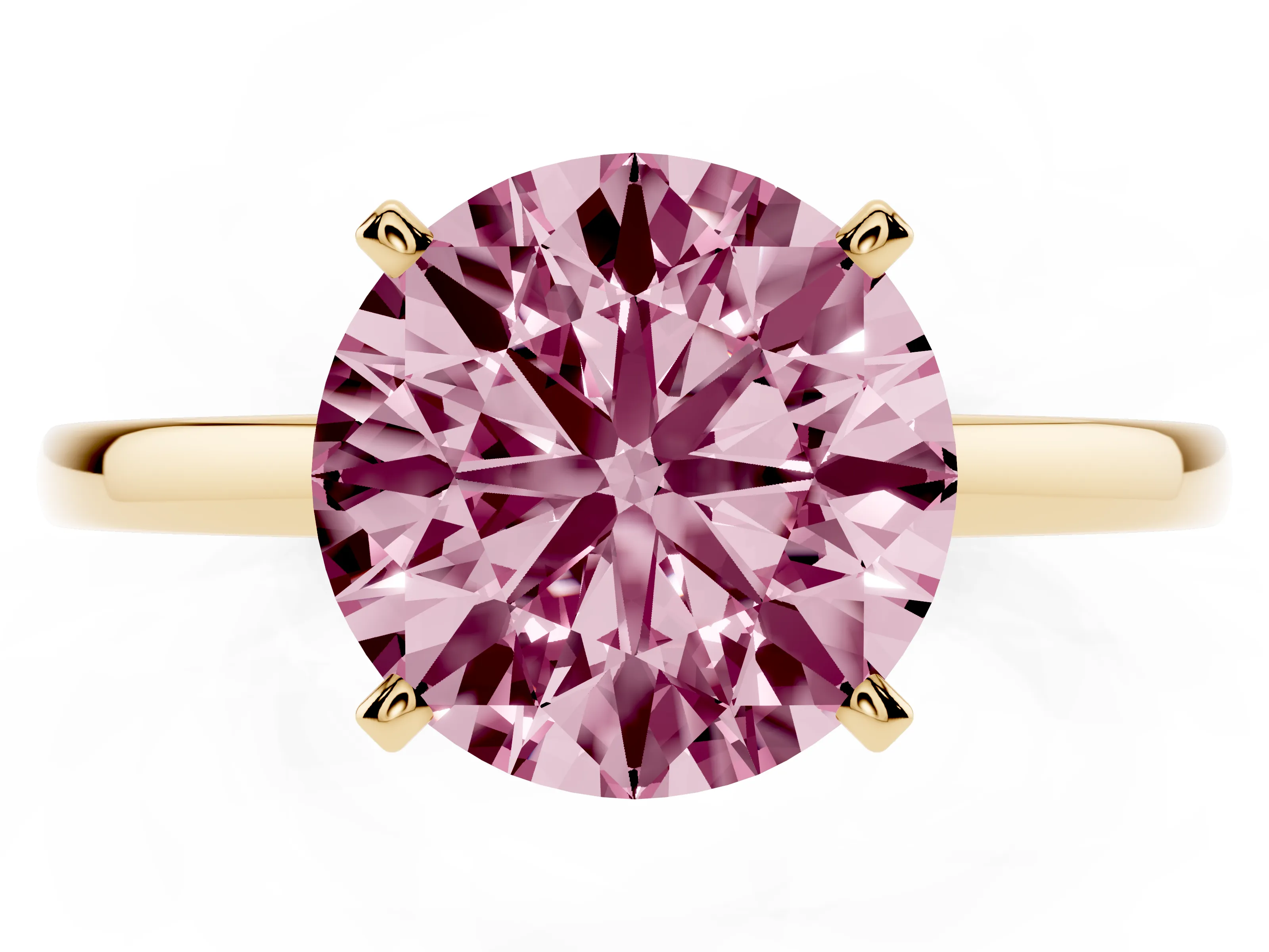 Fancy Pink Round Cut Diamond Solitaire Engagement Ring Set in Yellow gold with Prong Setting on a Classic Band