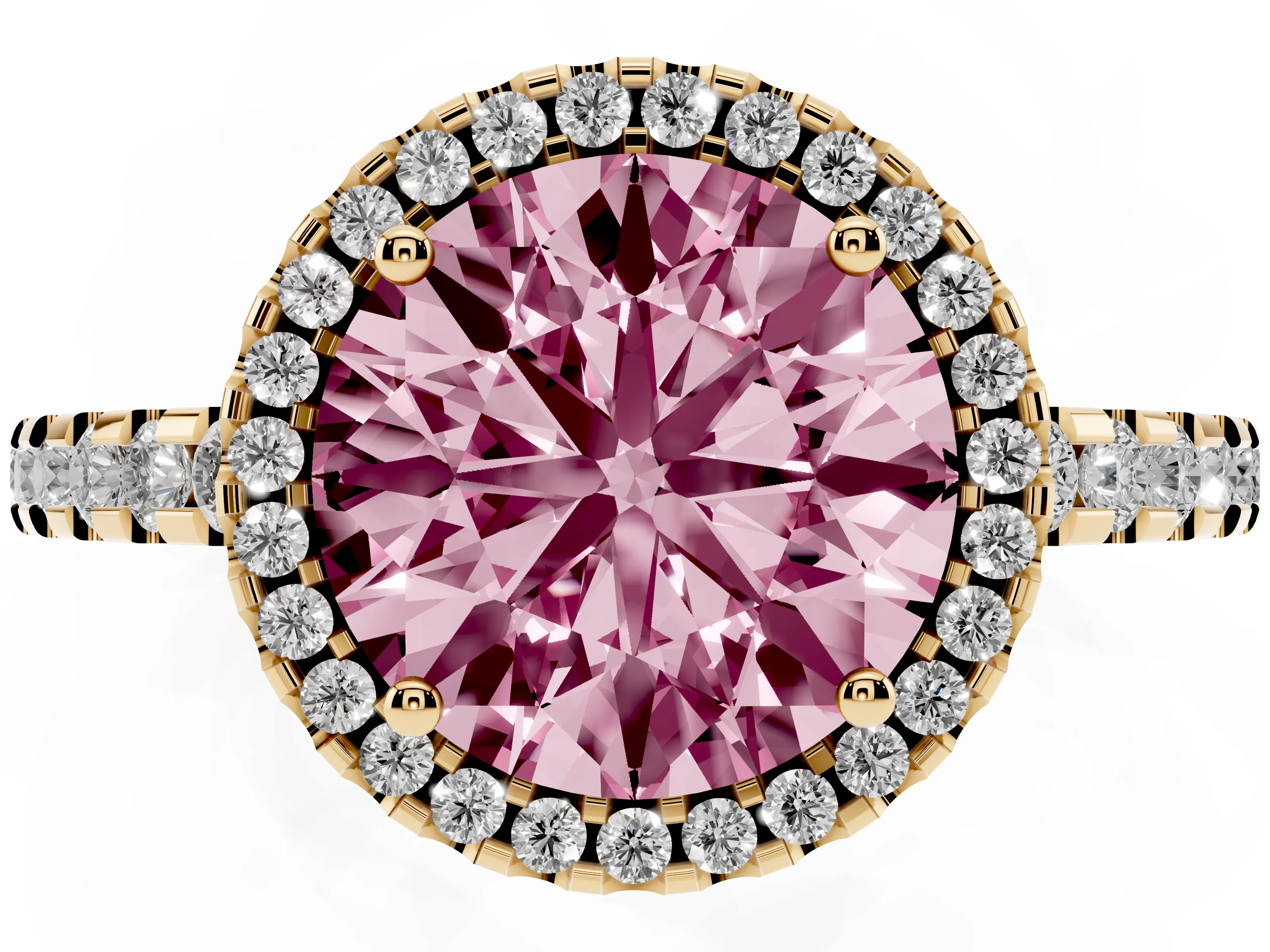 Fancy Pink Round Cut Diamond Halo Ring Set in Yellow gold with Pavé Shoulders and Halo-Framed Center