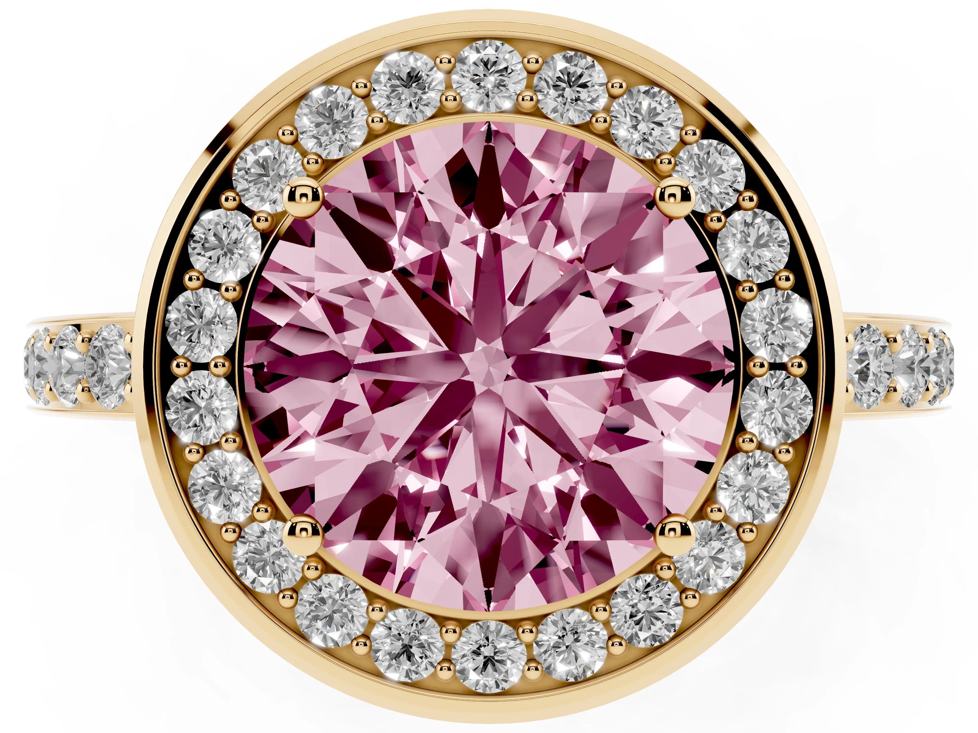 Fancy Pink Round Cut Diamond Halo Ring Set in Yellow gold with Bezel Frame and Pavé Band