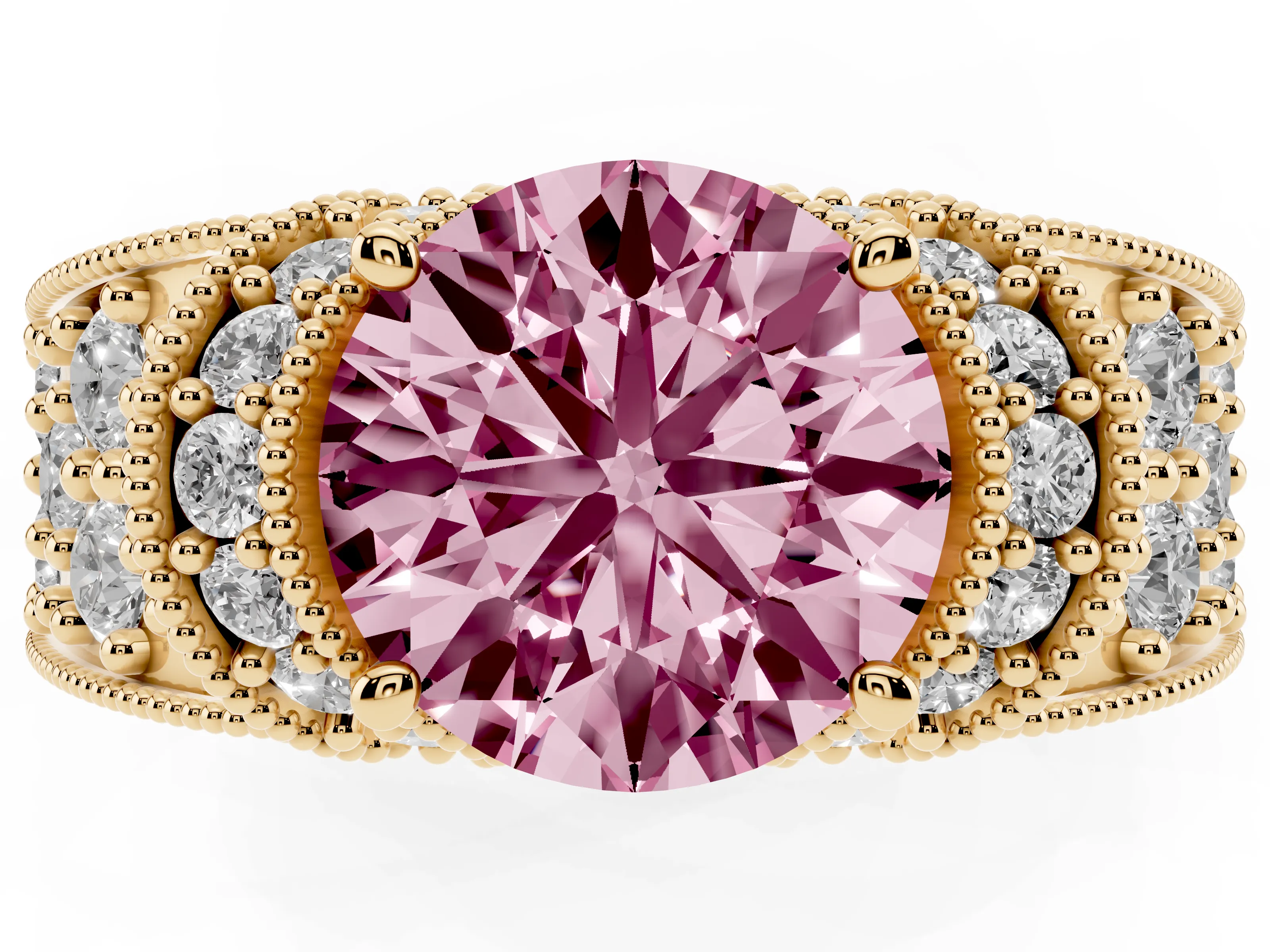 Fancy Pink Round Cut Diamond Milgrain Halo Pavé Engagement Ring Set in Yellow gold with Prong Setting