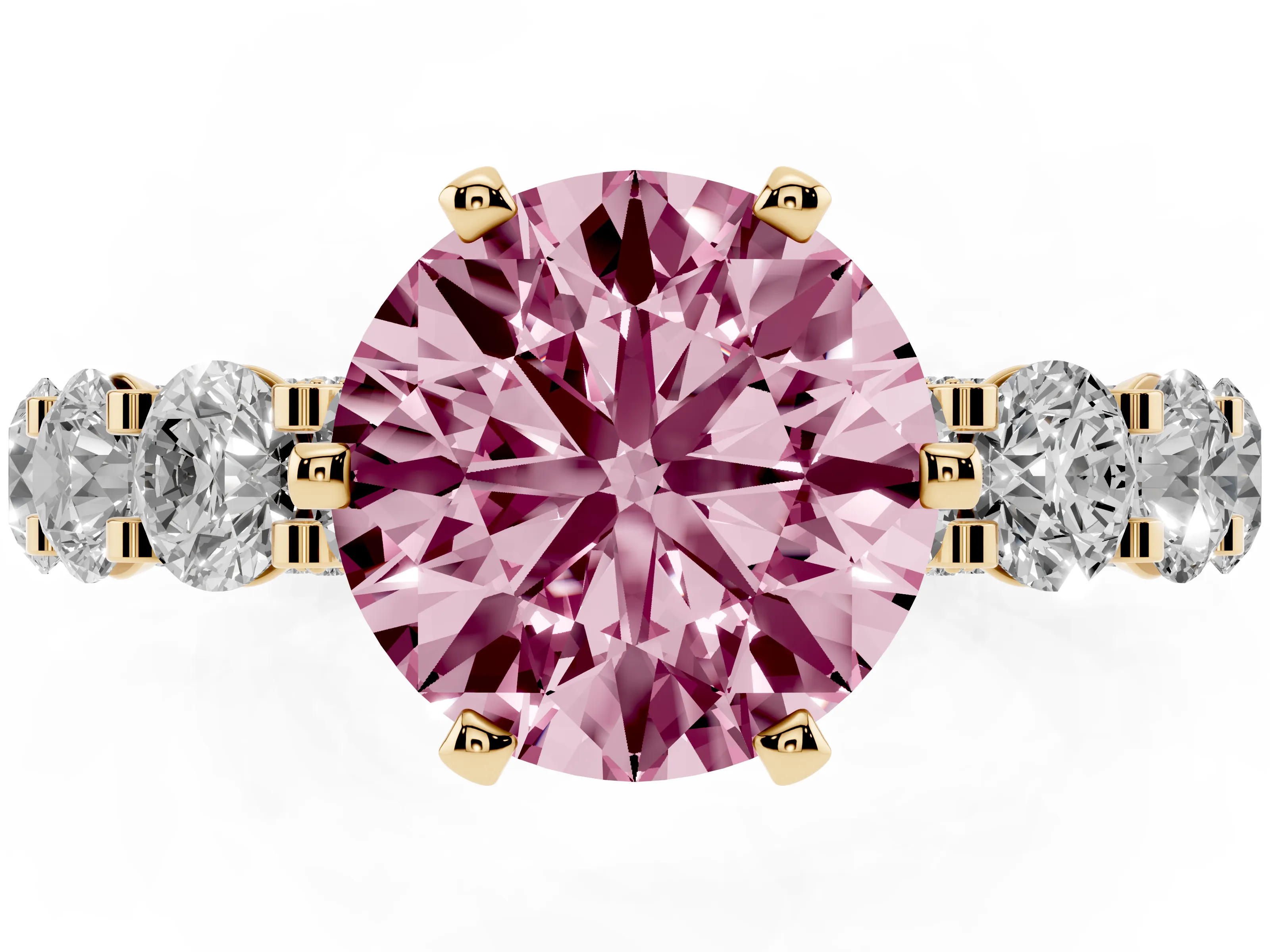 Fancy Pink Round Cut Diamond Side Stone Ring Set in Yellow gold with Alternating Round and Oval Side Stones