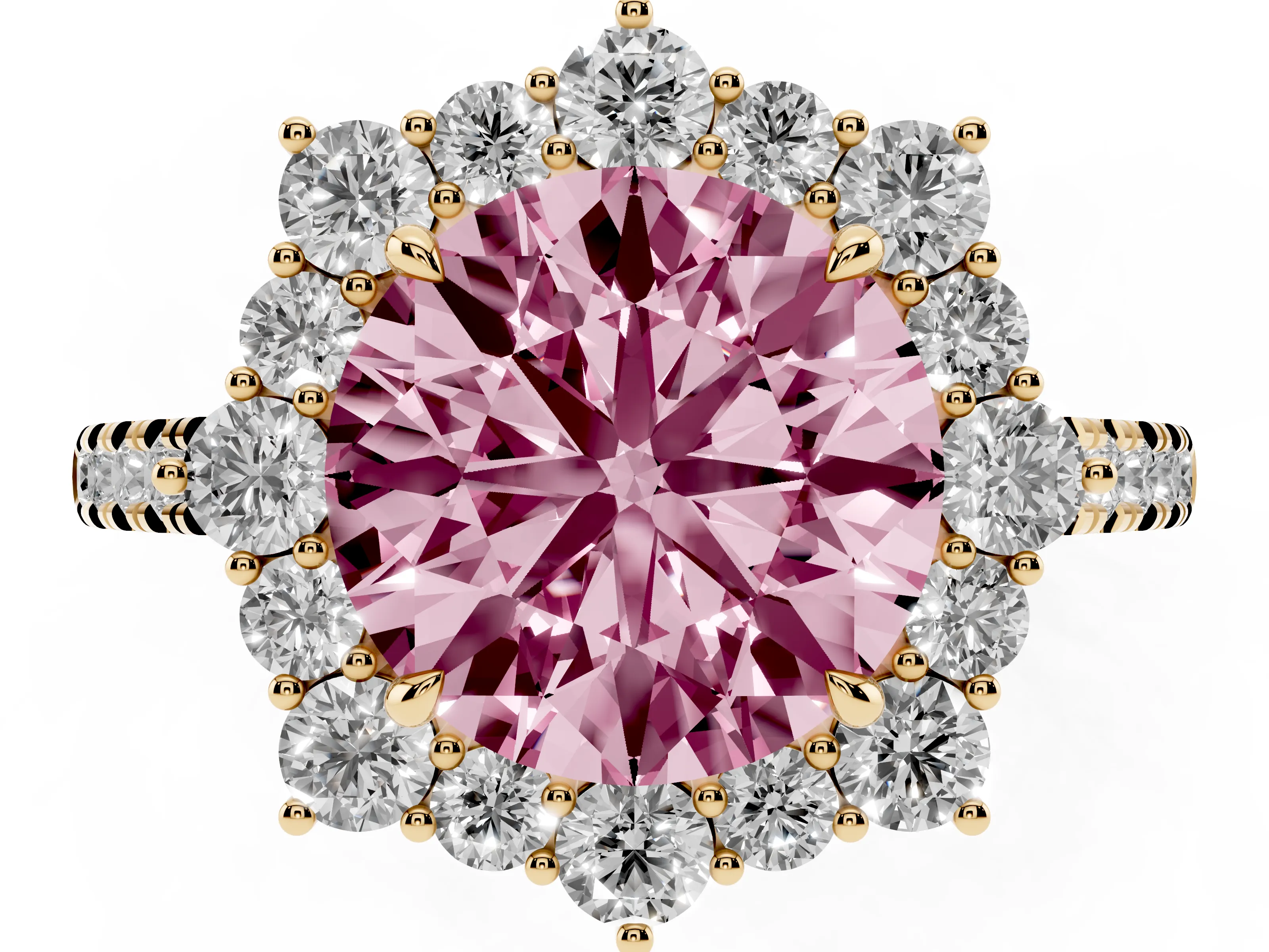 Fancy Pink Round Cut Diamond Halo Ring Set in Yellow gold with Pavé Band and Prong Setting