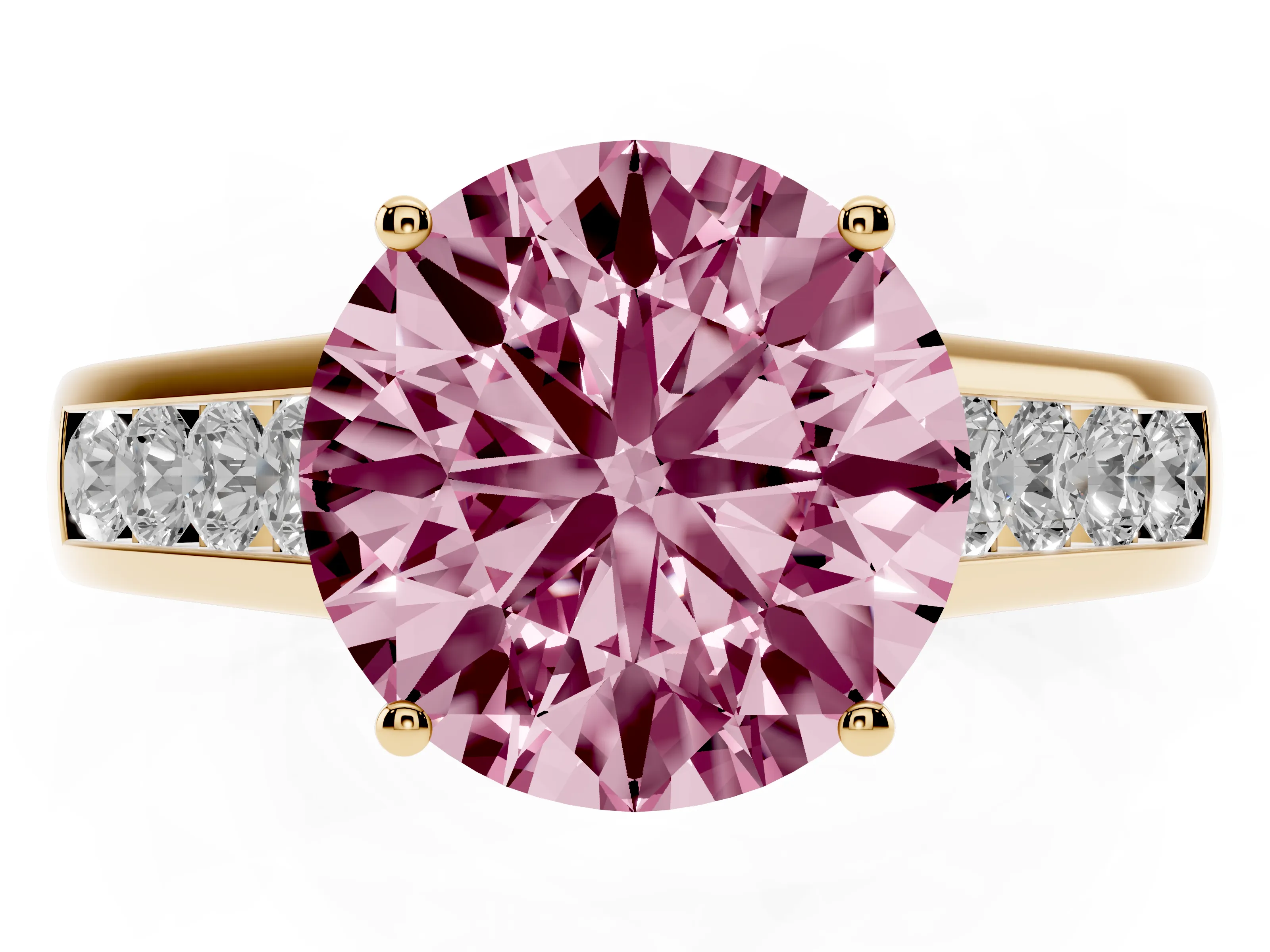 Fancy Pink Round Cut Diamond Solitaire Channel-Set Engagement Ring Set in Yellow gold with Prong Setting