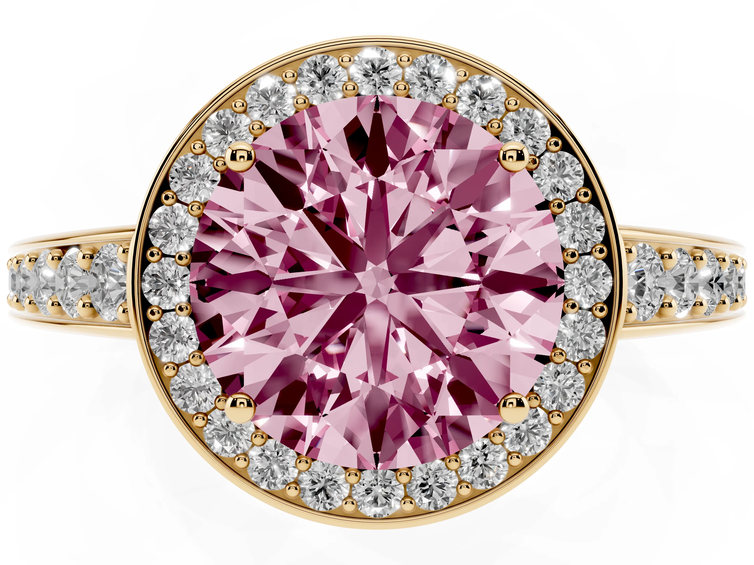 Fancy Pink Round Cut Diamond Halo Pavé Engagement Ring Set in Yellow gold with Bezel Setting