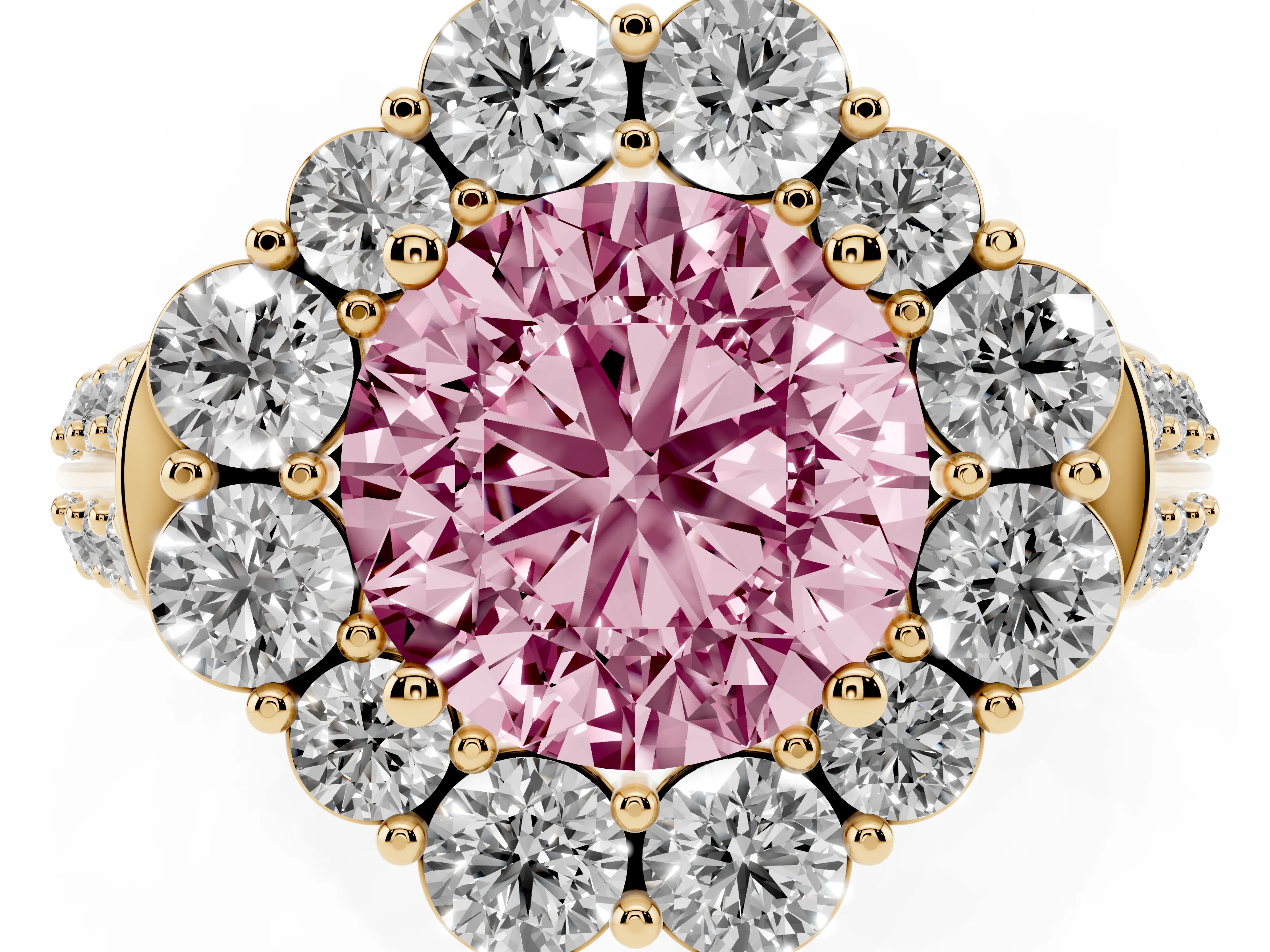 Fancy Pink Round Cut Diamond Halo Engagement Ring Set in Yellow gold with Split Shank and Prong Setting