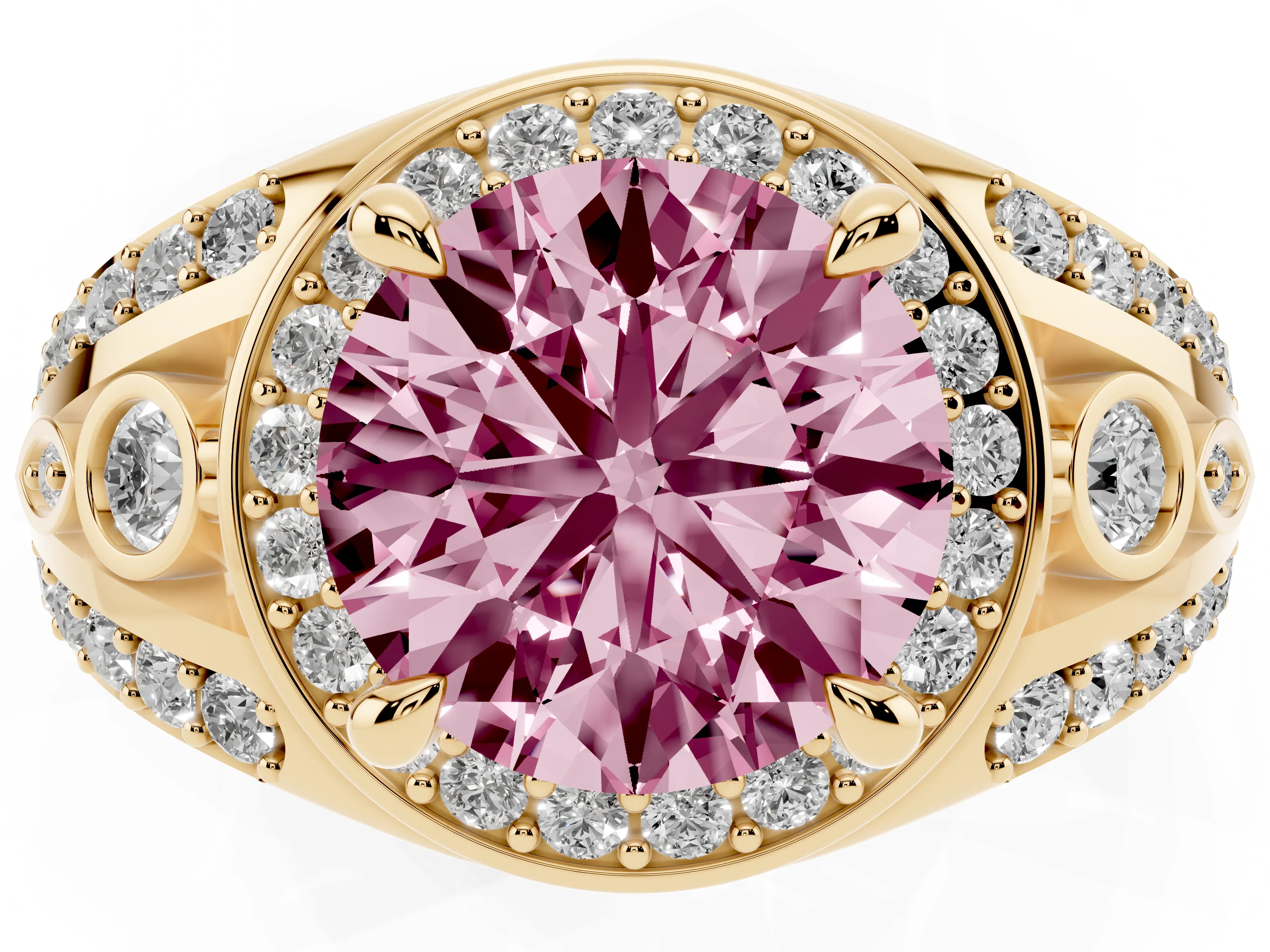 Fancy Pink Round Cut Diamond Halo Ring Set in Yellow gold with Pavé Split Shank and Bezel Accents
