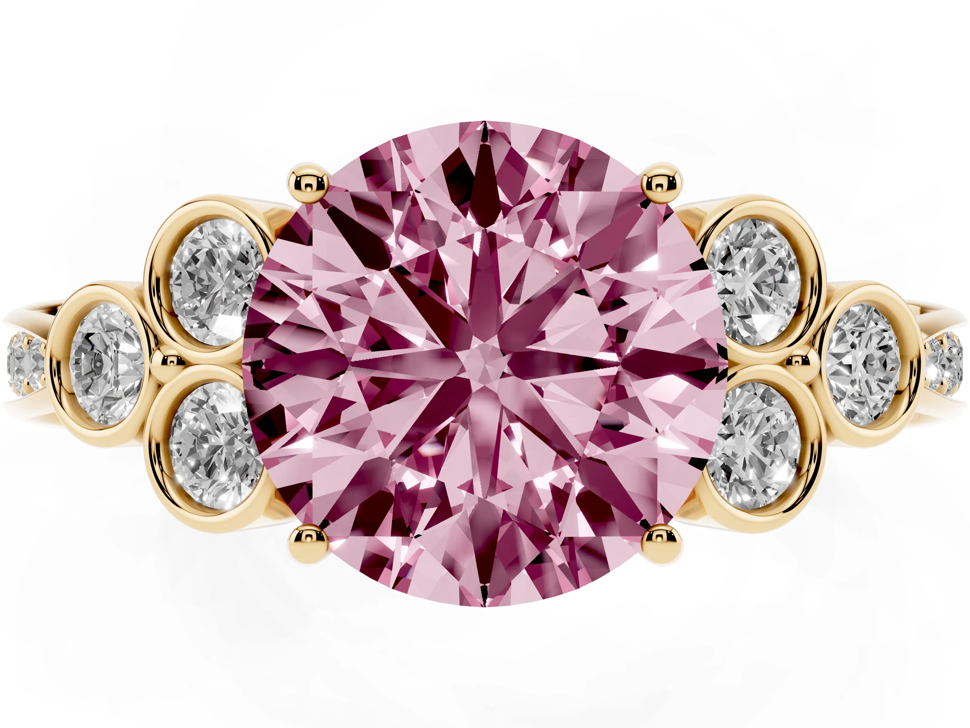 Fancy Pink Round Cut Diamond Engagement Ring Set in Yellow gold with Bezel Set Round Side Stones and Prong Setting