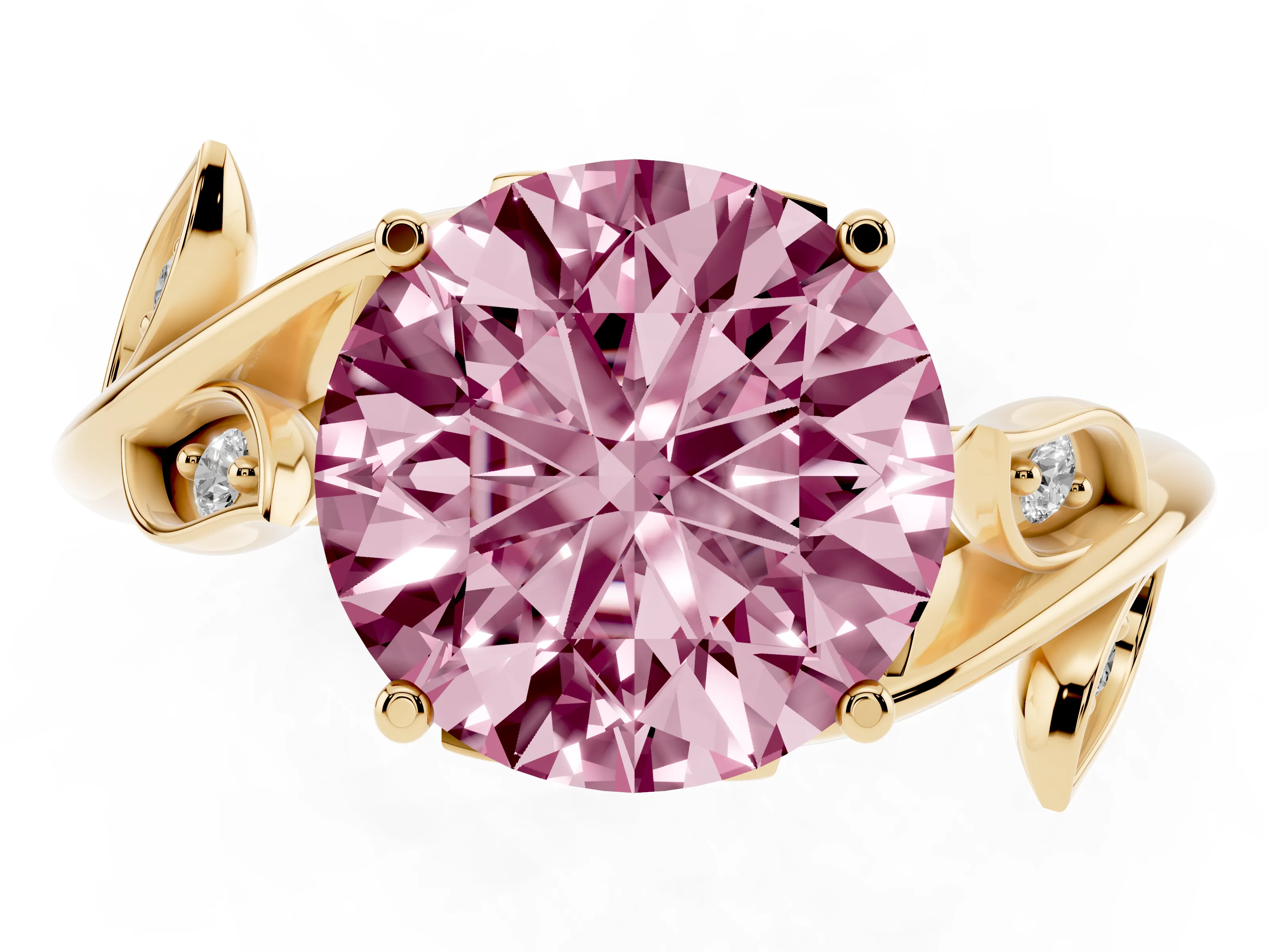 Fancy Pink Round Cut Diamond Solitaire Twist Engagement Ring Set in Yellow gold with Pavé Leaf Accents