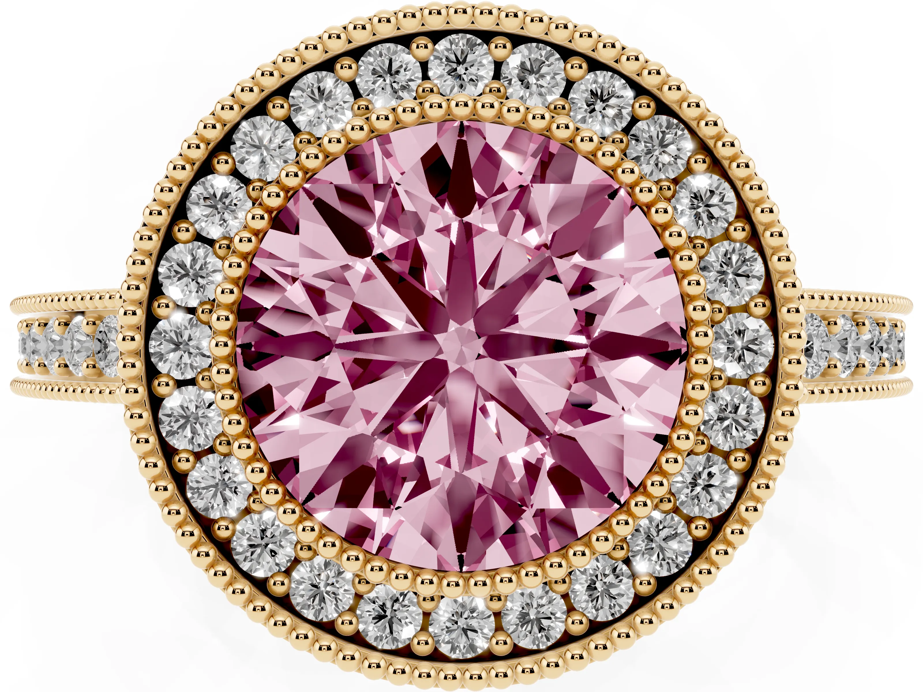 Fancy Pink Round Cut Diamond Round Halo Ring Set in Yellow gold with Pavé Band