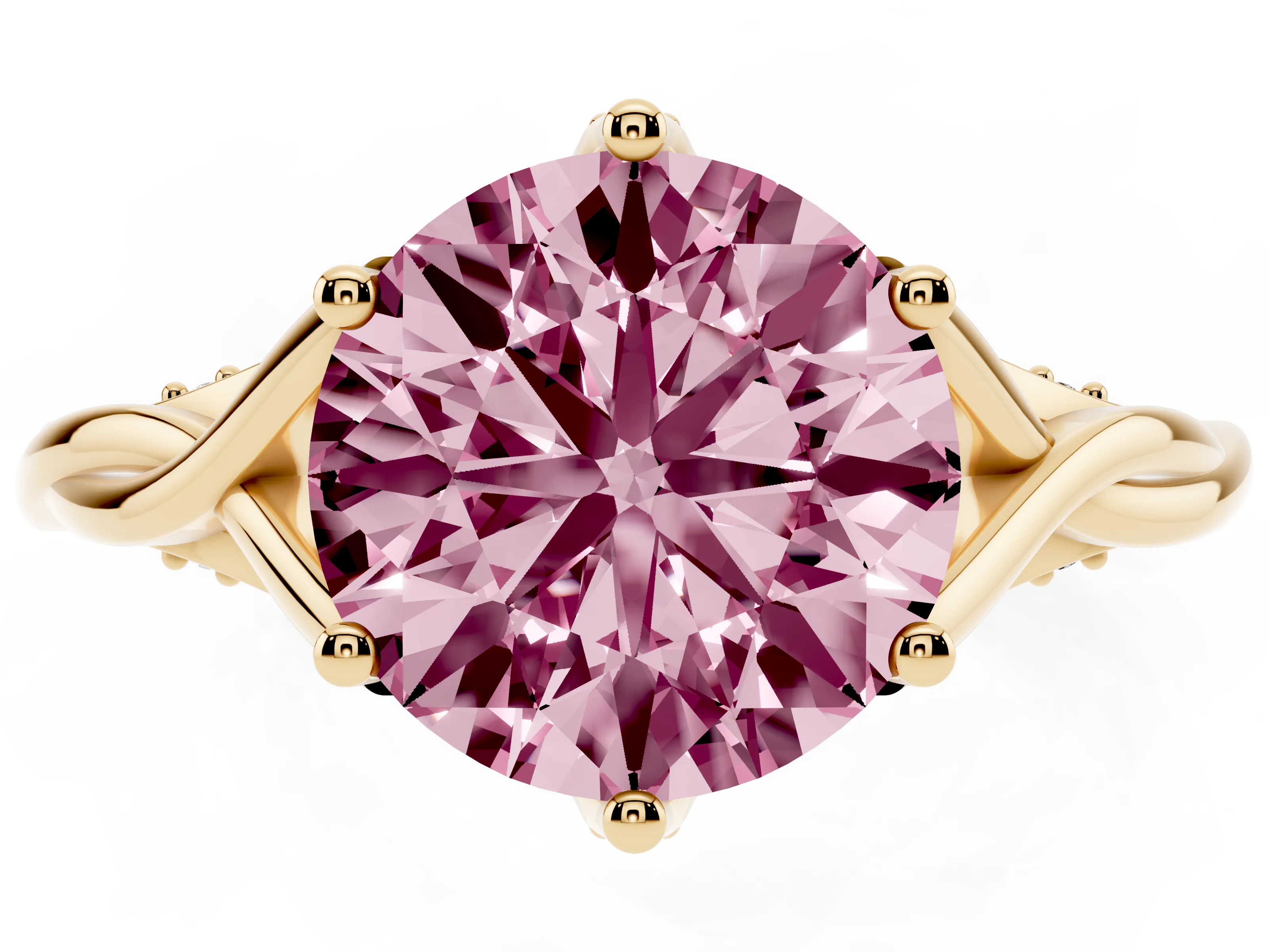 Fancy Pink Round Cut Diamond Intertwined Twist Band Solitaire Ring Set in Yellow gold with Prong Setting