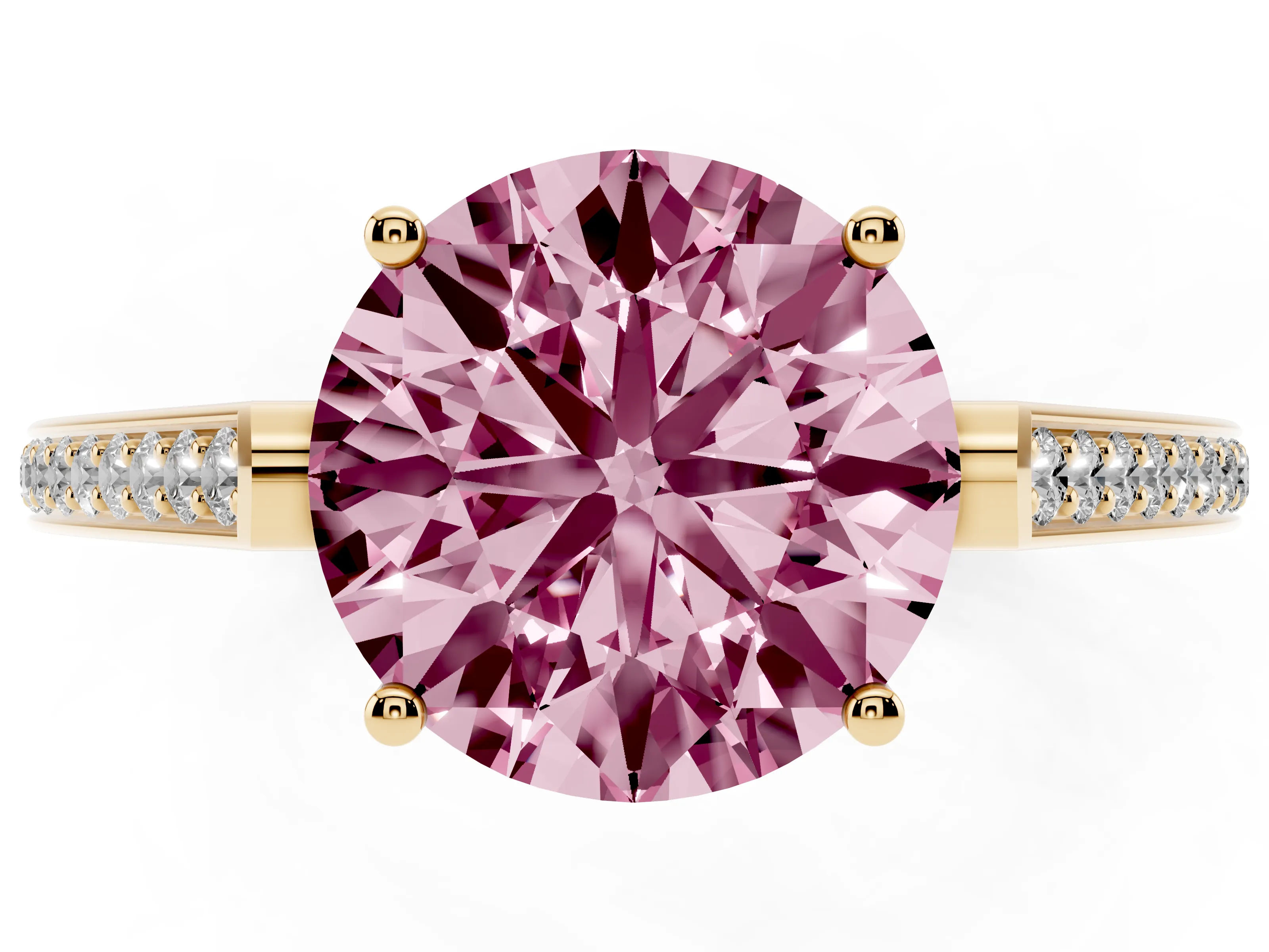 Fancy Pink Round Cut Diamond Cathedral Pavé Engagement Ring Set in Yellow gold with Prong Setting