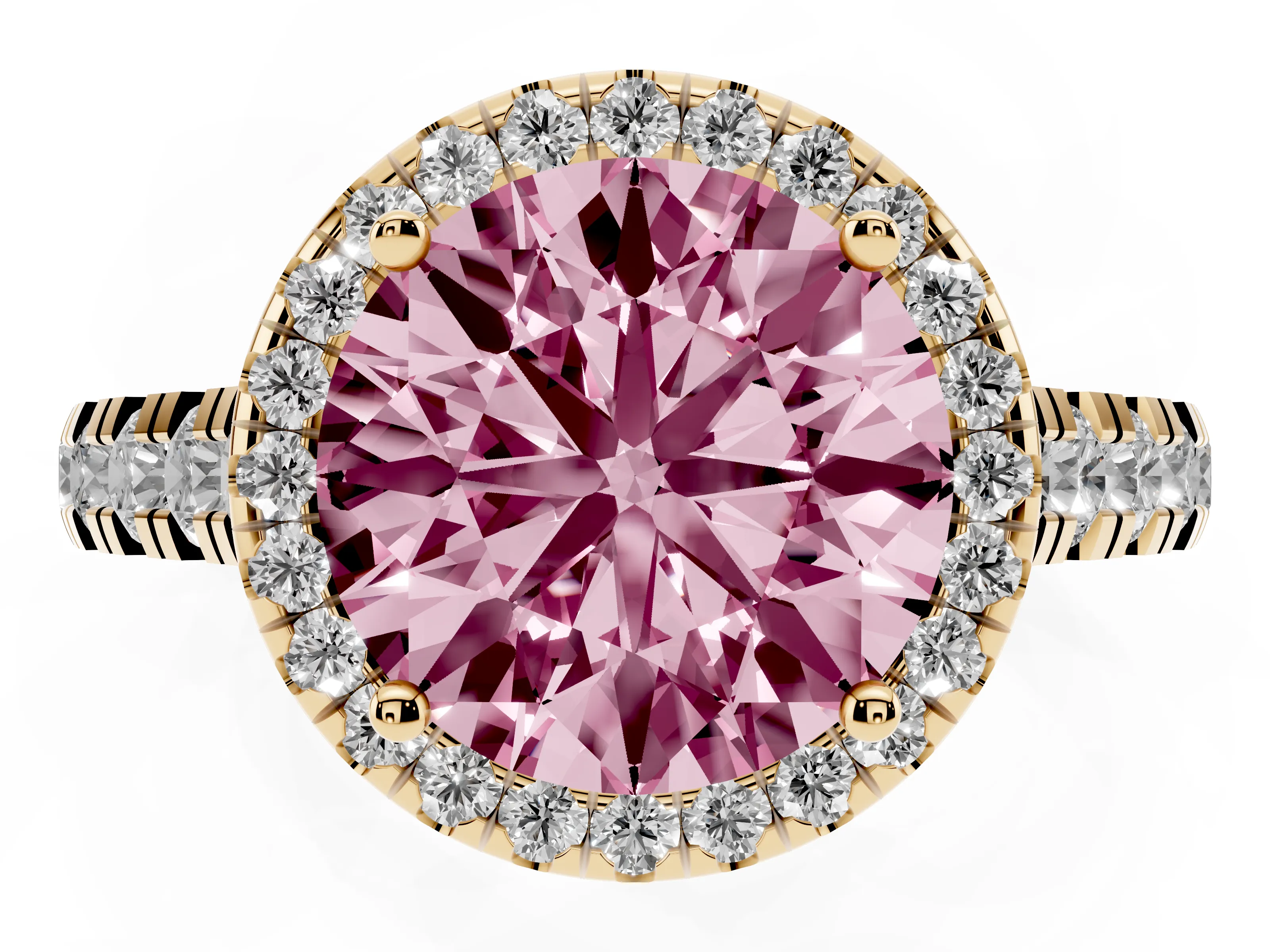 Fancy Pink Round Cut Diamond Halo Engagement Ring Set in Yellow gold with Pavé Band and Prong-Set Center