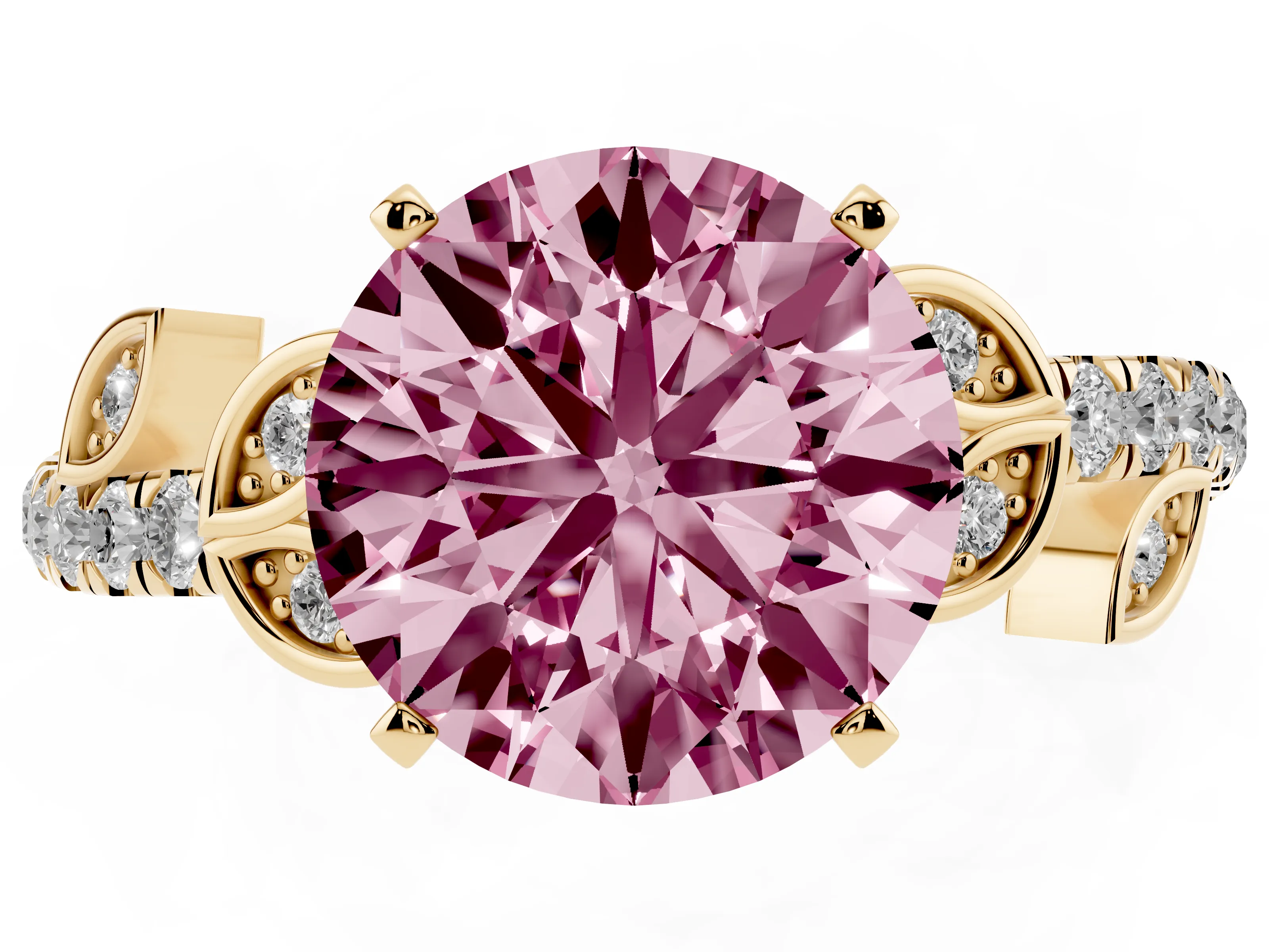 Fancy Pink Round Cut Diamond Solitaire Leaf-Inspired Ring Set in Yellow gold with Pavé Band and Prong Setting