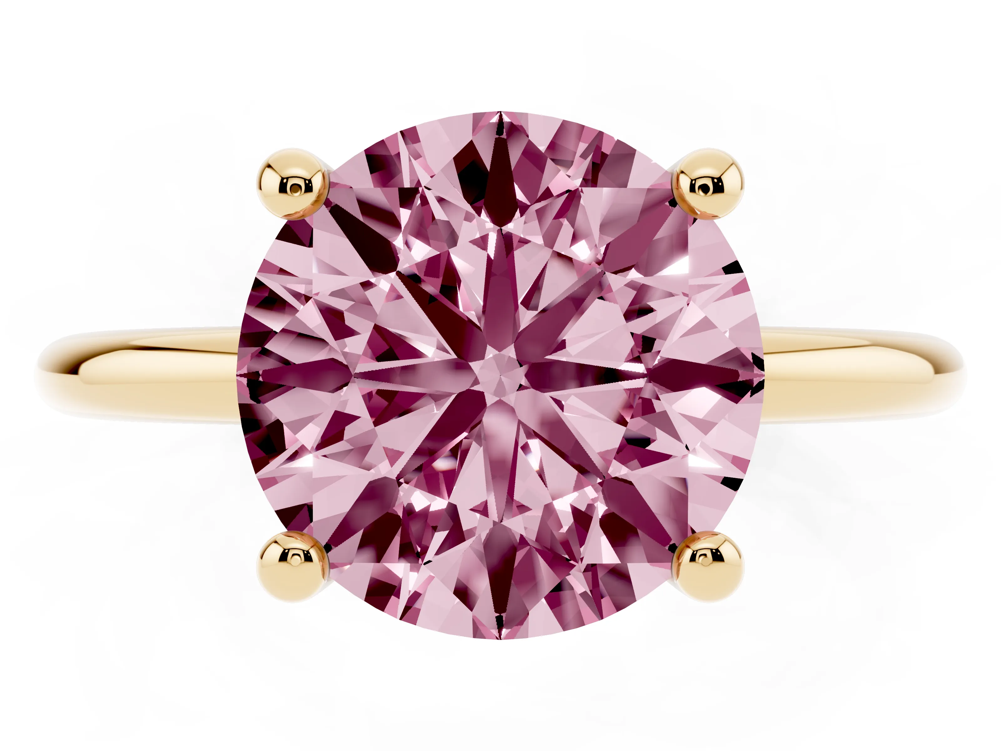 Fancy Pink Round Cut Diamond Solitaire Ring Set in Yellow gold with Secure Prong Setting on a Classic Band