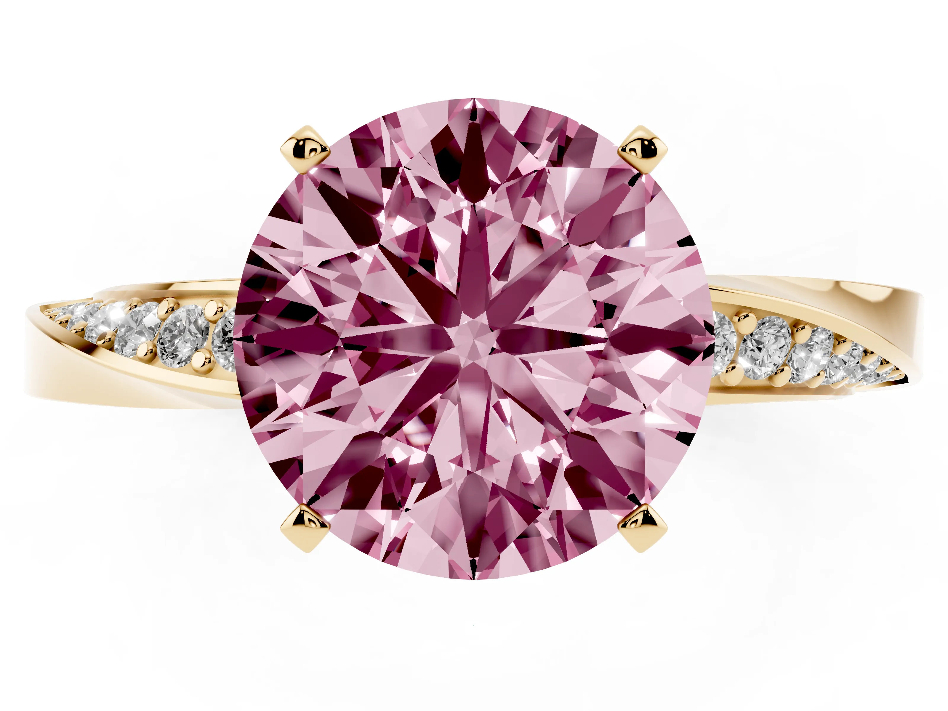 Fancy Pink Round Cut Diamond Engagement Ring Set in Yellow gold with Side Stone Accents and Prong Setting