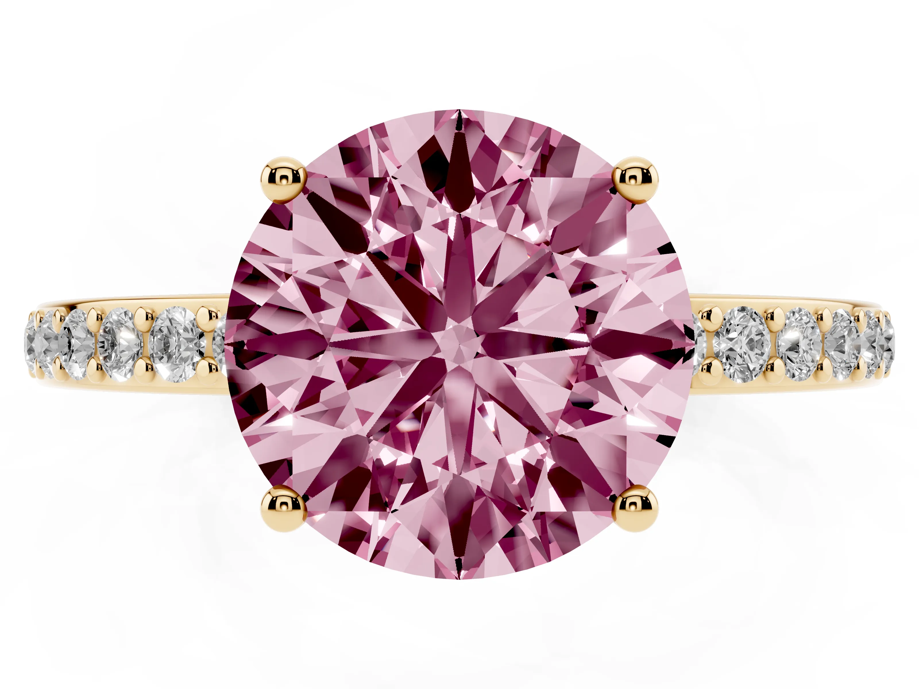 Fancy Pink Round Cut Diamond Pavé Band Ring Set in Yellow gold with Prong-Set Center Stone