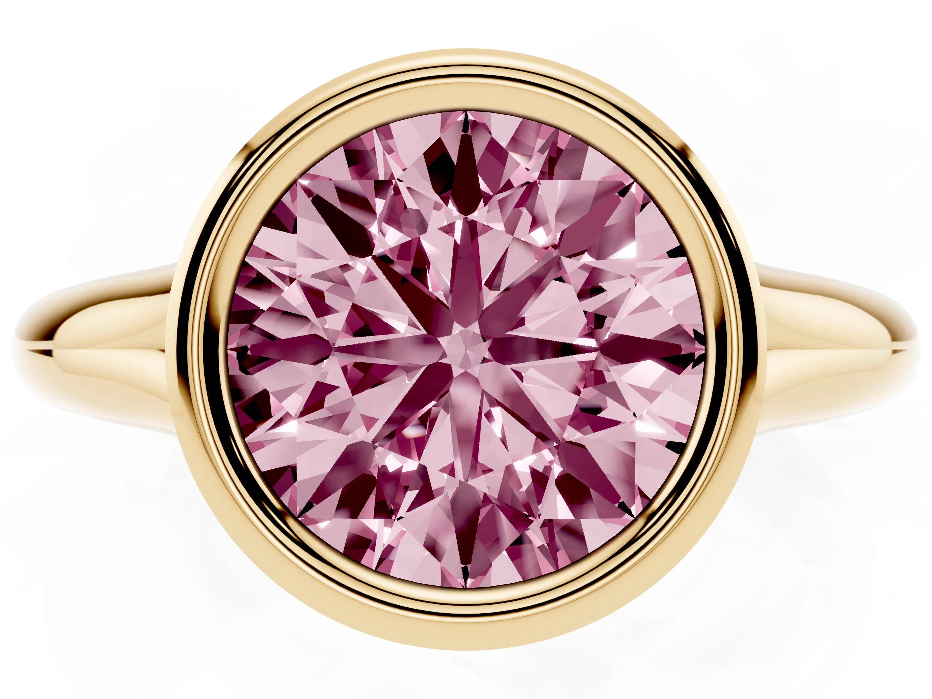 Fancy Pink Bezel Set Round Cut Diamond Solitaire Ring Set in Yellow gold with Smooth Band