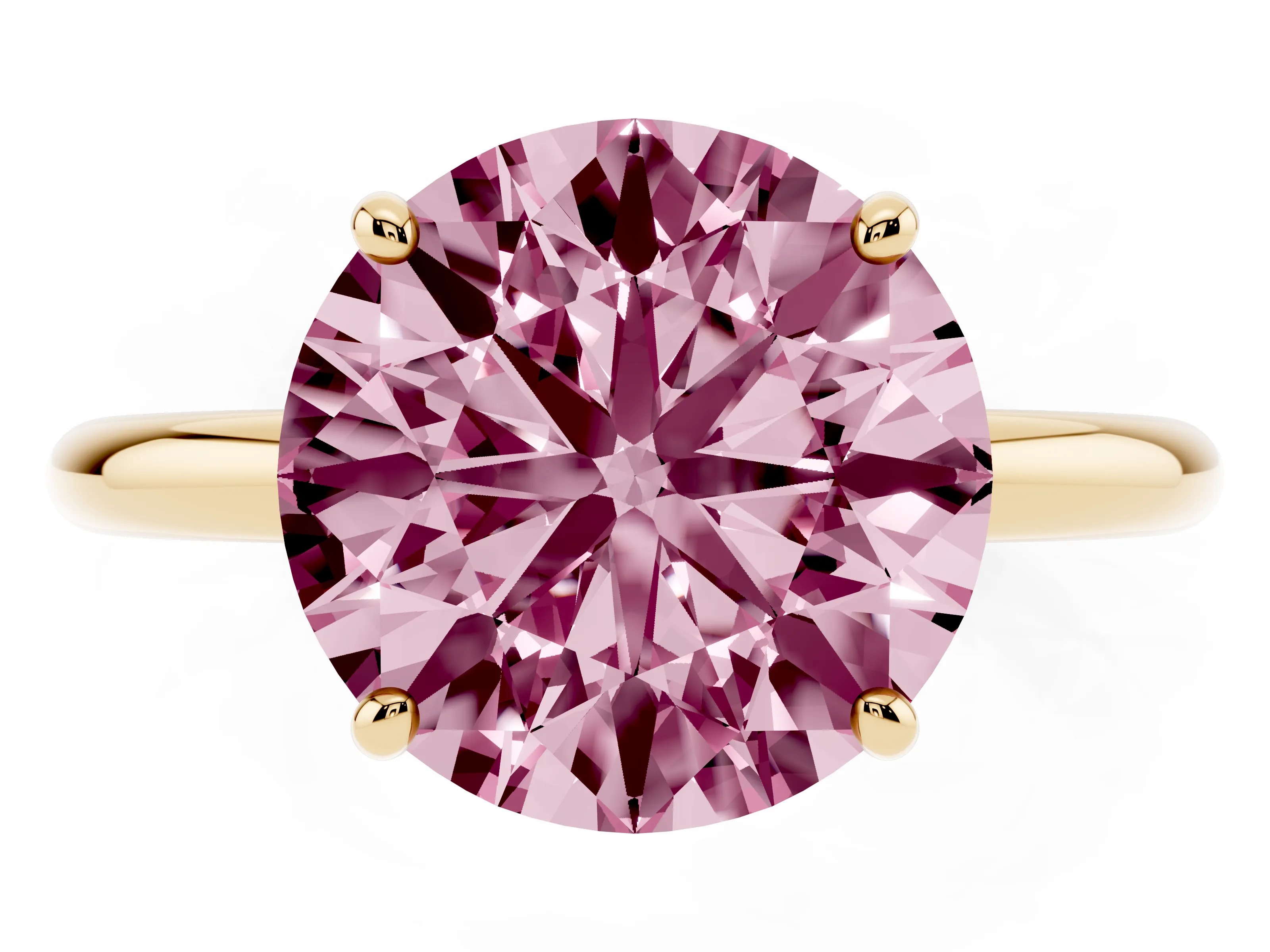 Fancy Pink Round Cut Diamond Solitaire Ring Set in Yellow gold with Prong Setting on a Polished Plain Band