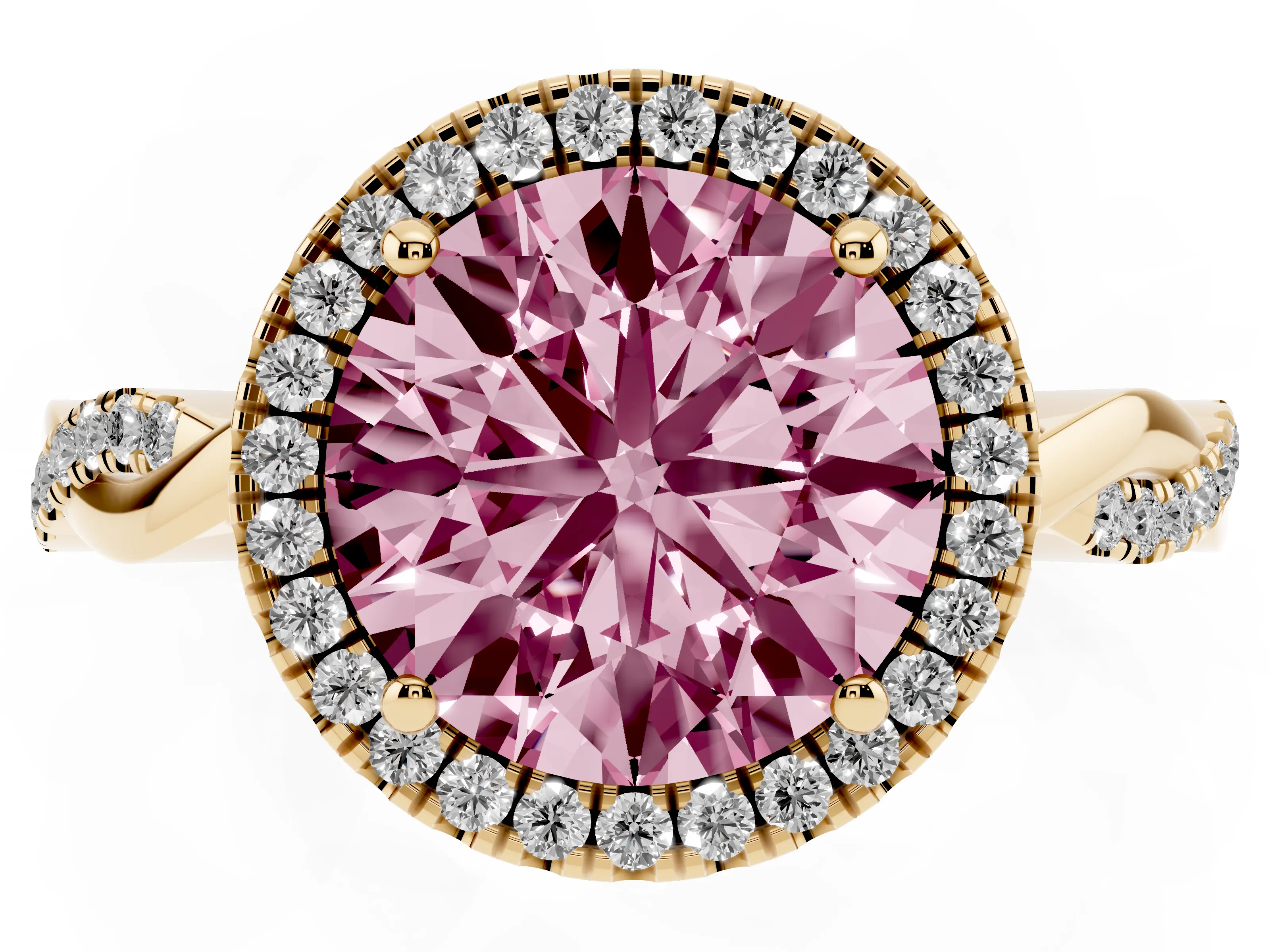 Fancy Pink Round Cut Diamond Halo Twisted Band Ring Set in Yellow gold with Prong Setting