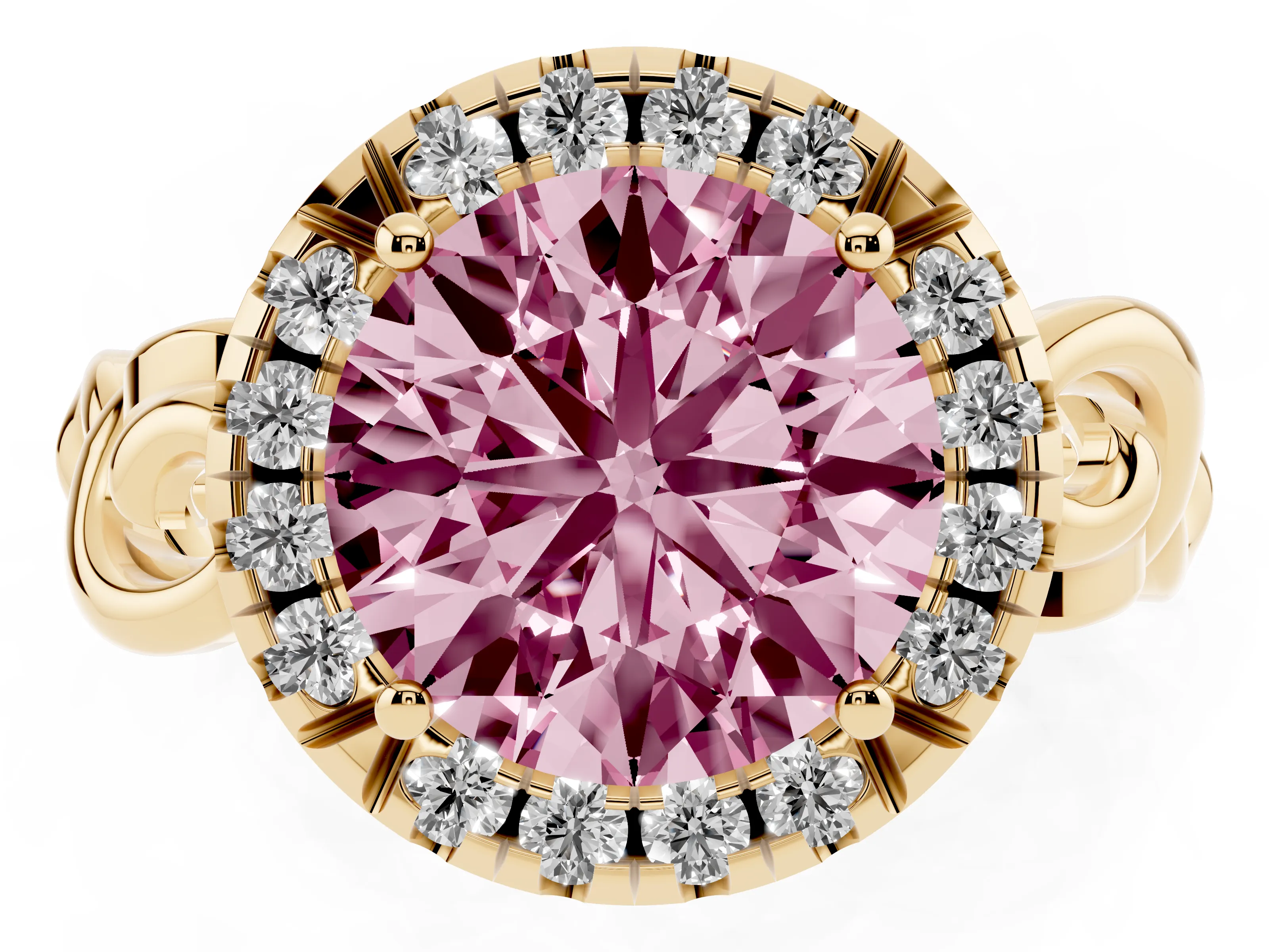 Fancy Pink Round Cut Diamond Halo Ring Set in Yellow gold with Scrollwork Band and Prong Setting