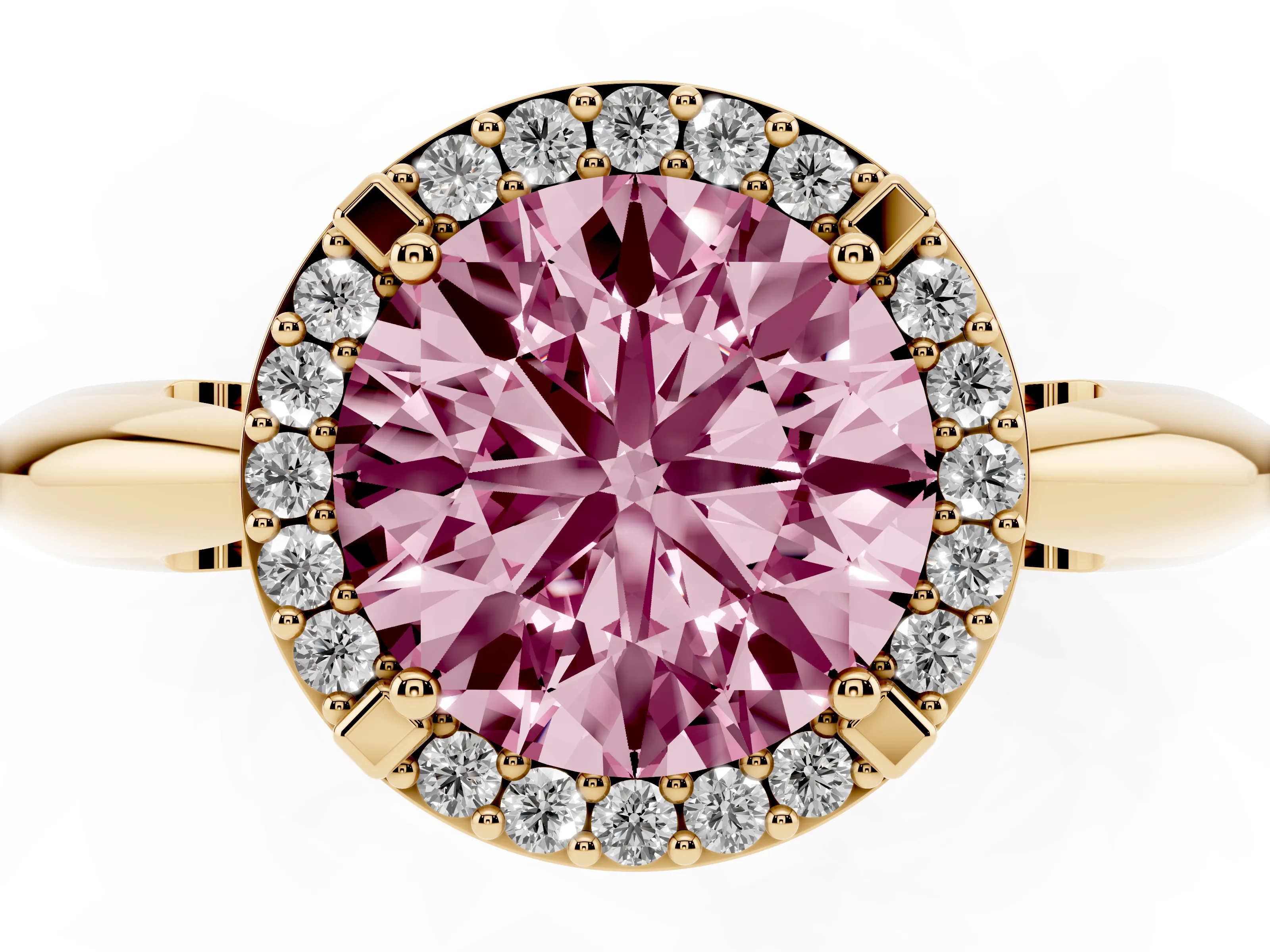 Fancy Pink Round Cut Diamond Halo Engagement Ring Set in Yellow gold with Plain Split Shank and Prong Setting