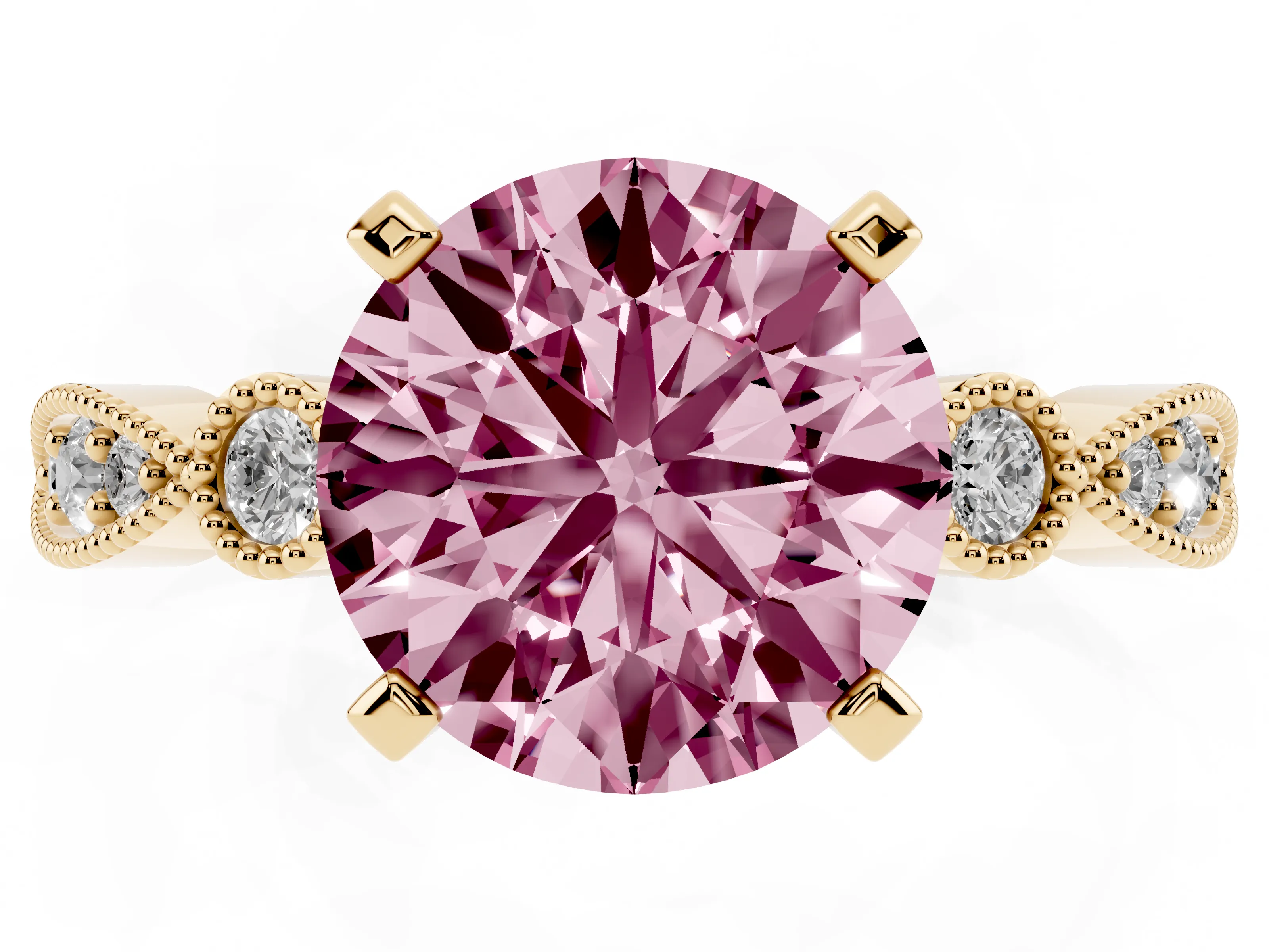 Fancy Pink Round Cut Diamond Solitaire Engagement Ring Set in Yellow gold with Milgrain Bezel Accent Band