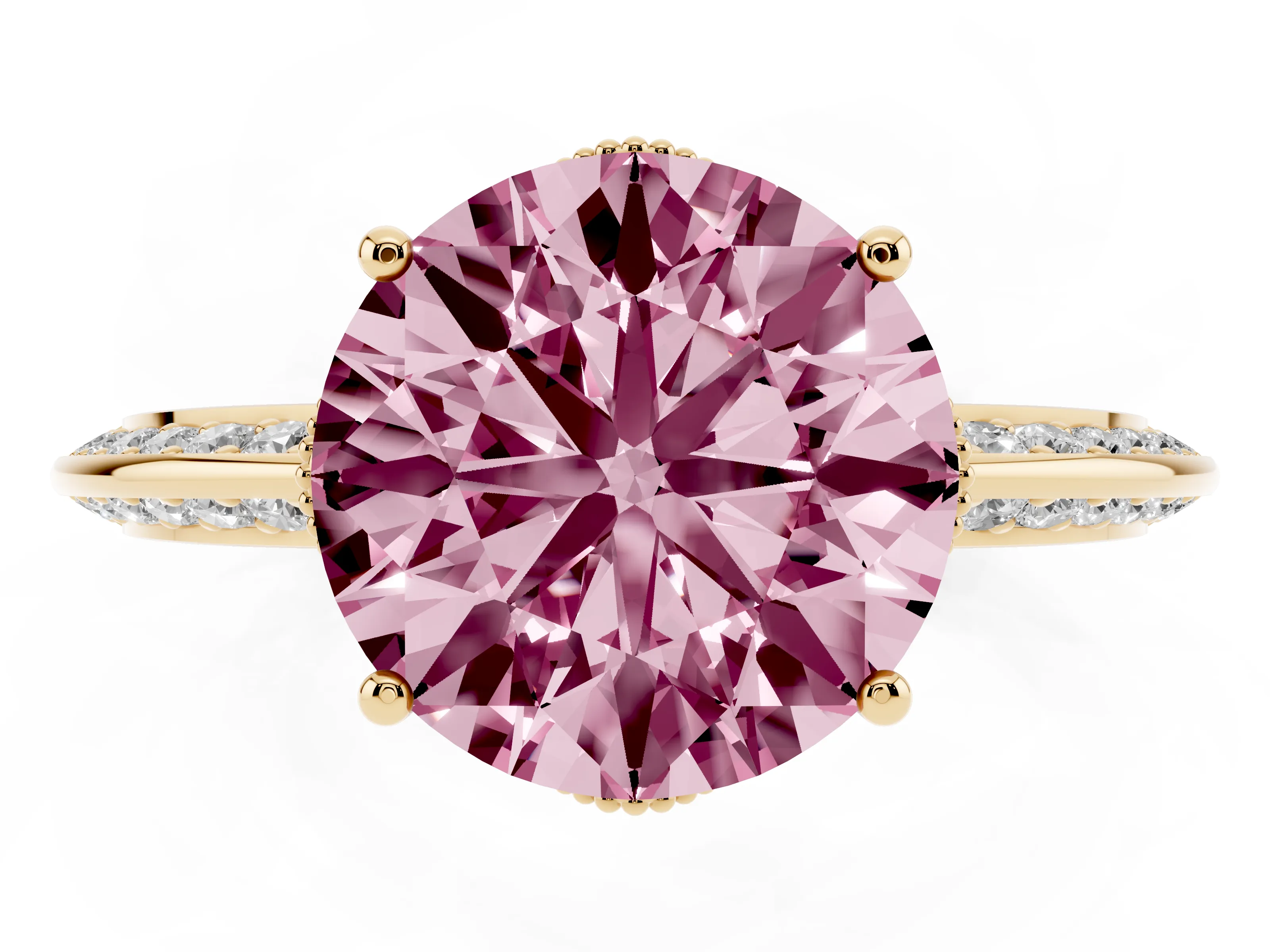 Fancy Pink Round Cut Diamond Solitaire Engagement Ring Set in Yellow gold with Pavé Split Shank and Prong Setting