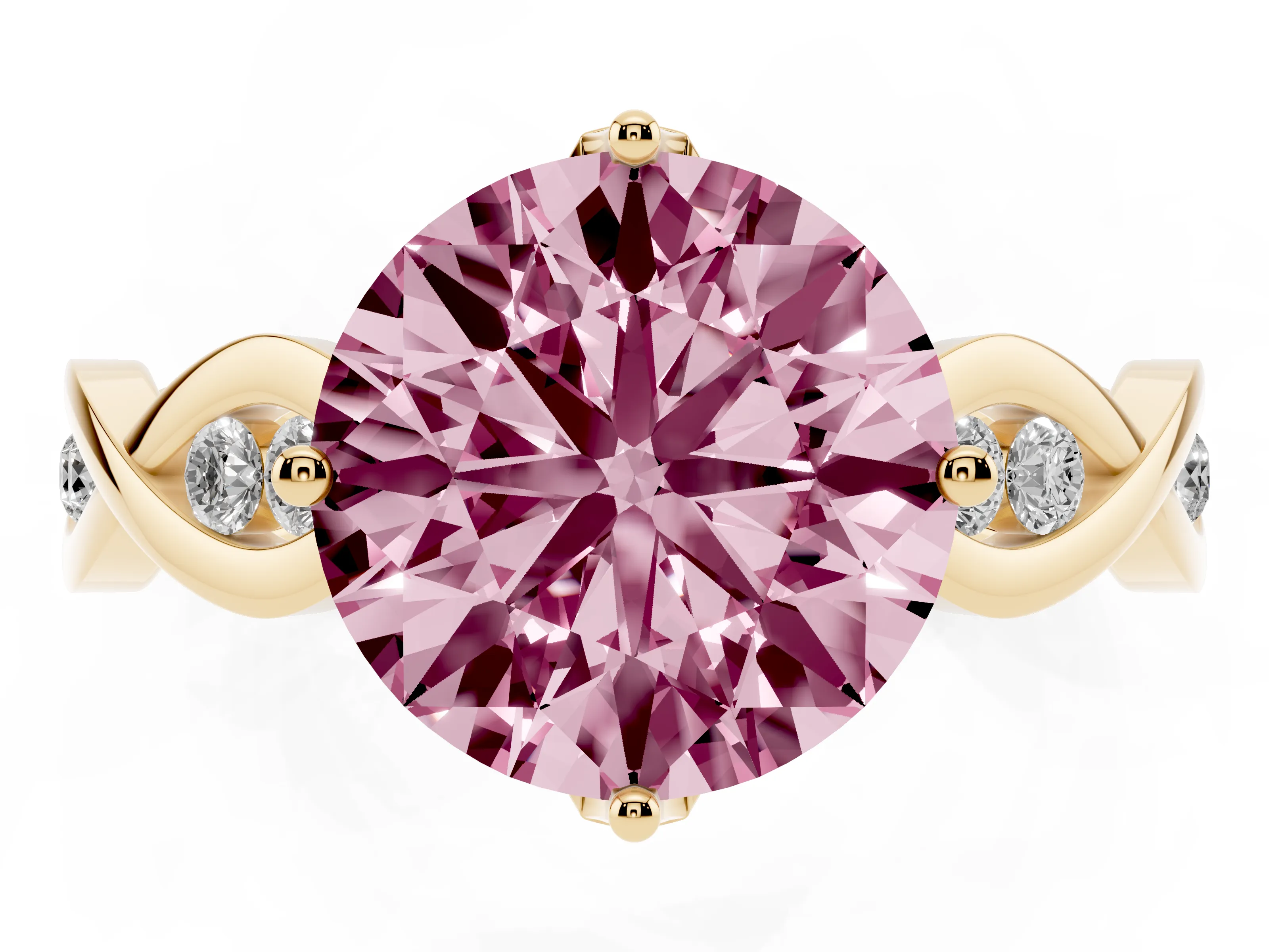 Fancy Pink Round Cut Diamond Twist Band Solitaire Ring Set in Yellow gold with Leaf Prong Setting and Accent Stones