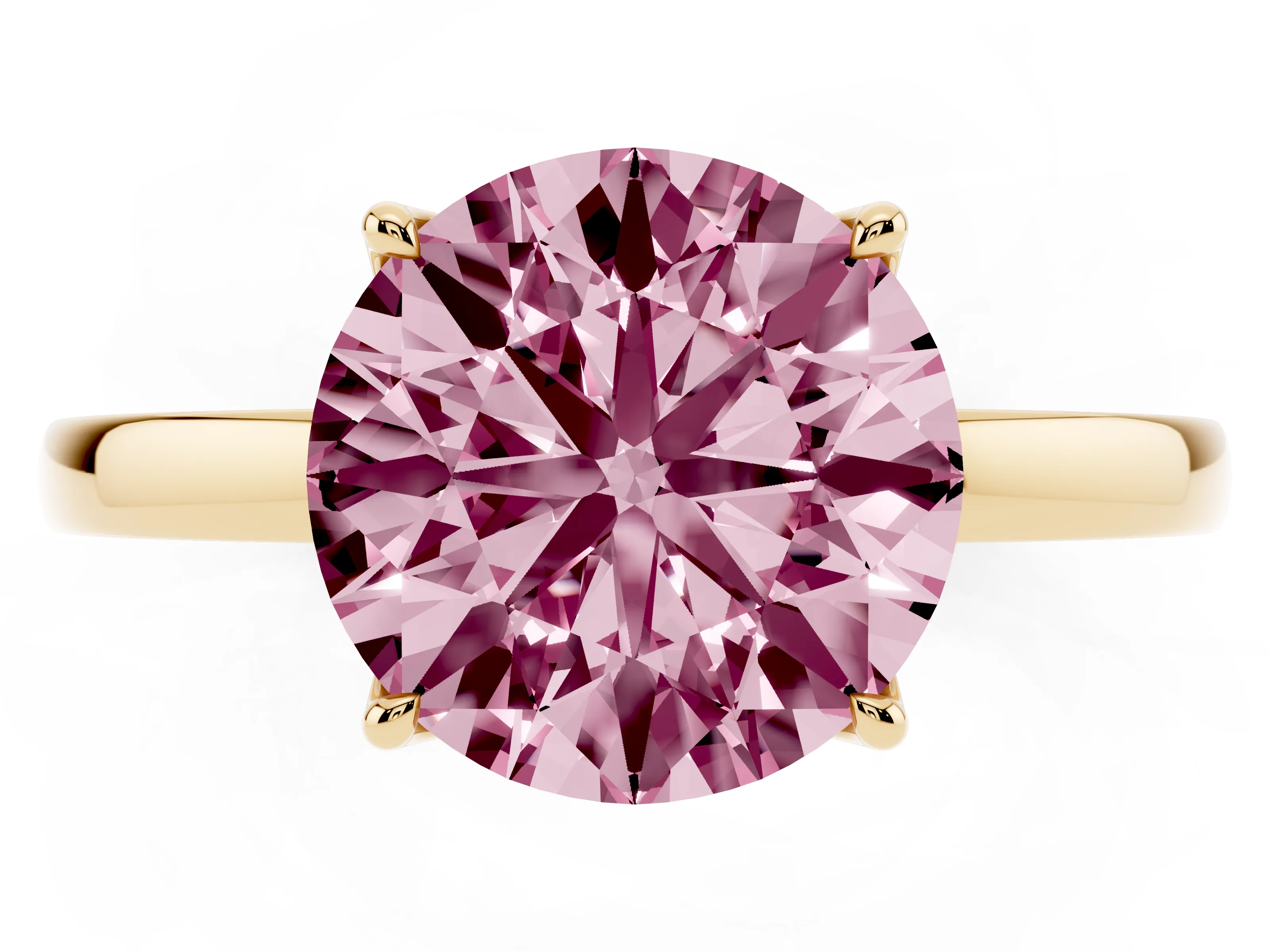 Fancy Pink Round Cut Diamond Solitaire Ring Set in Yellow gold with Prong Setting and Thin Polished Band