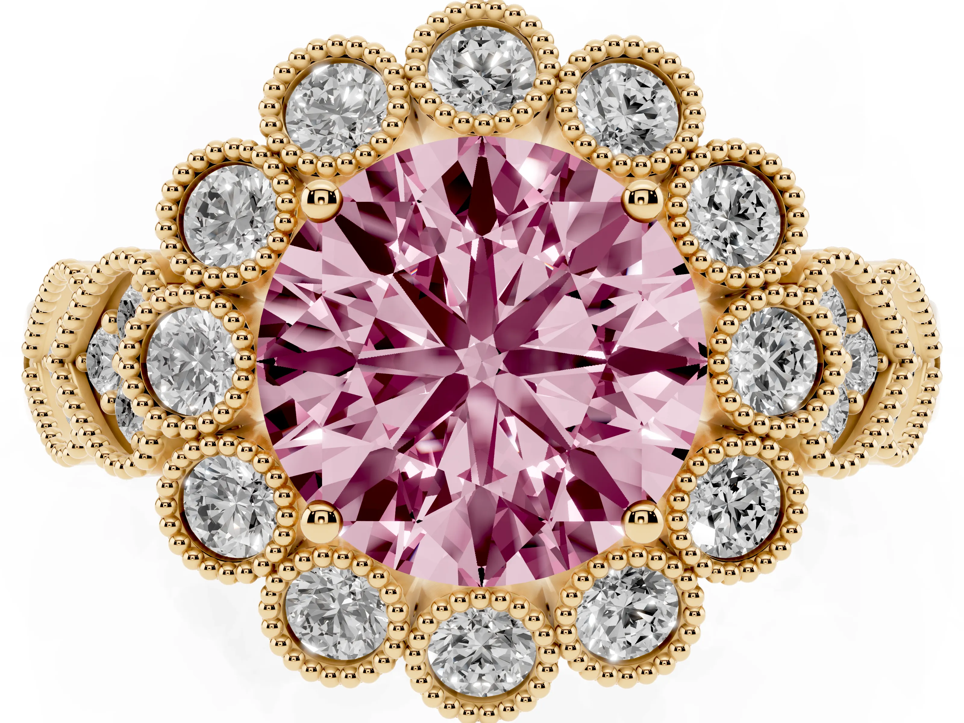 Fancy Pink Round Cut Diamond Solitaire Ring Set in Yellow gold with Milgrain Pavé Heart Band