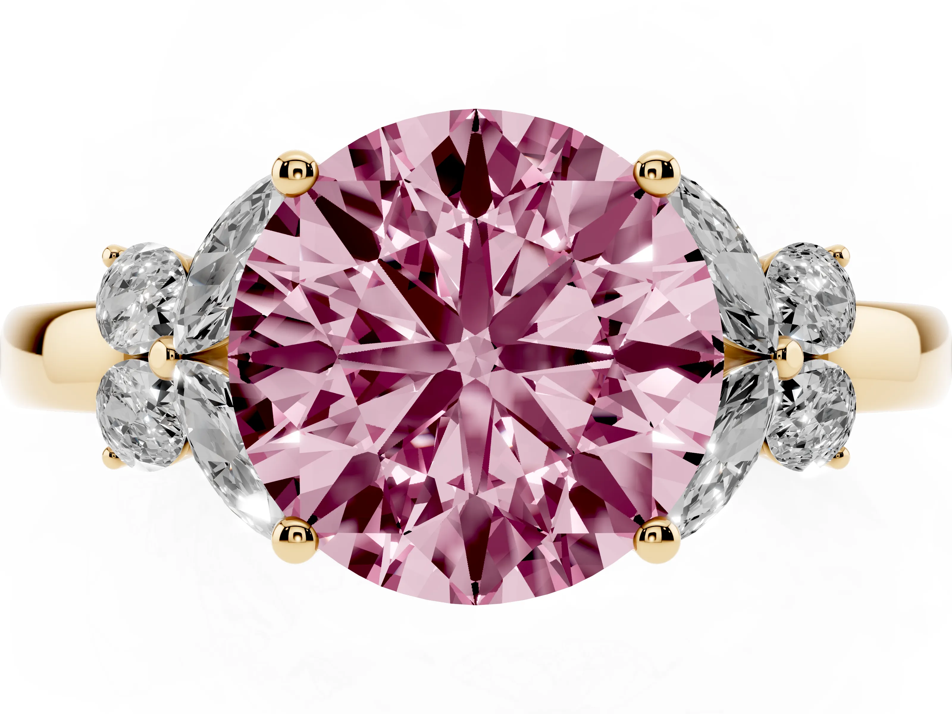 Fancy Pink Round Cut Diamond Solitaire Floral Ring Set in Yellow gold with Marquise Petals and Prong Setting