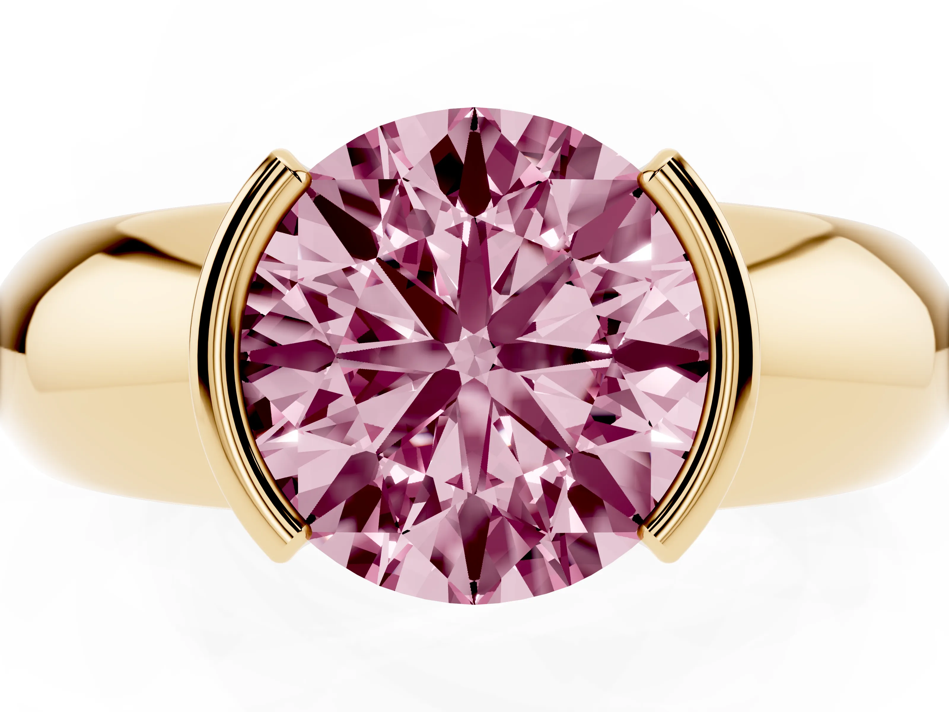 Fancy Pink Round Cut Diamond Solitaire Tension Set Ring Set in Yellow gold with Wide Band