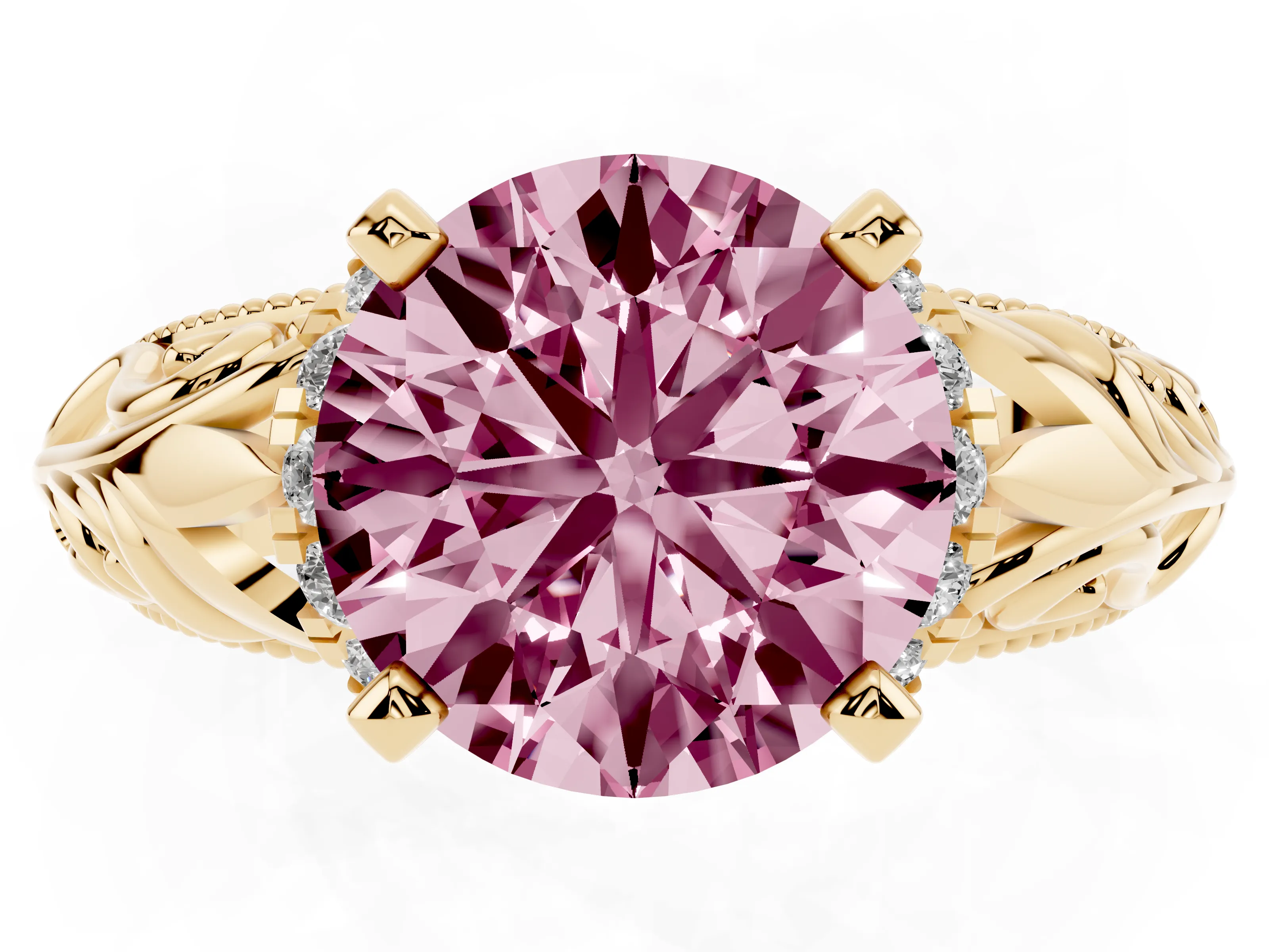 Fancy Pink Round Cut Diamond Filigree Halo Engagement Ring Set in Yellow gold with Prong Setting