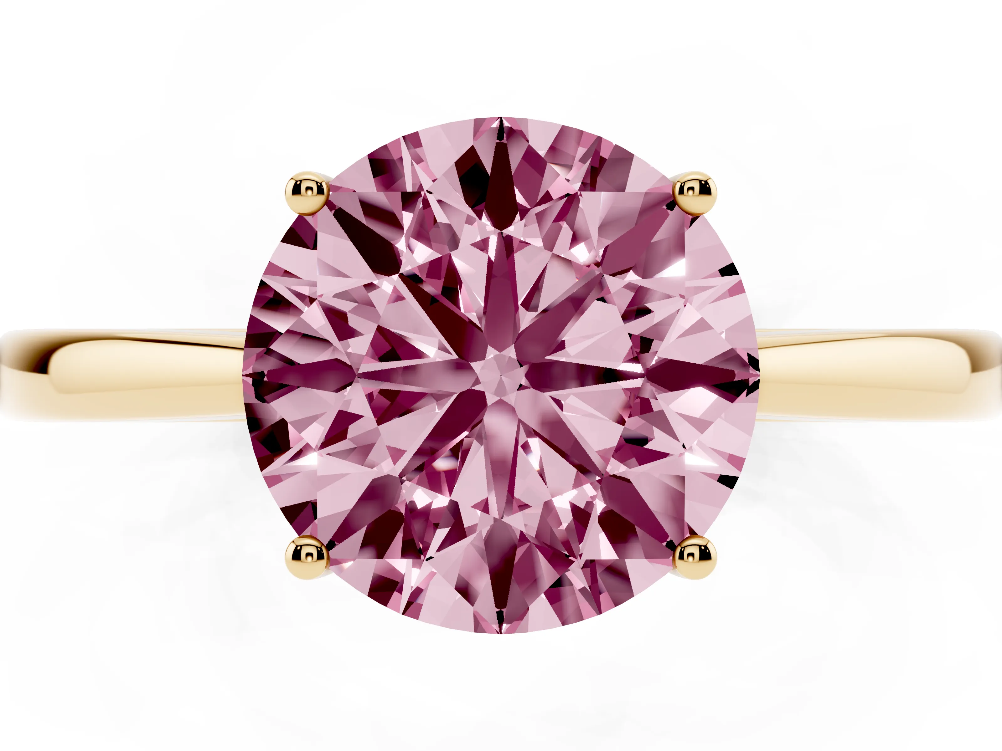 Fancy Pink Round Cut Diamond Solitaire Ring Set in Yellow gold with Split Shank and Prong Setting