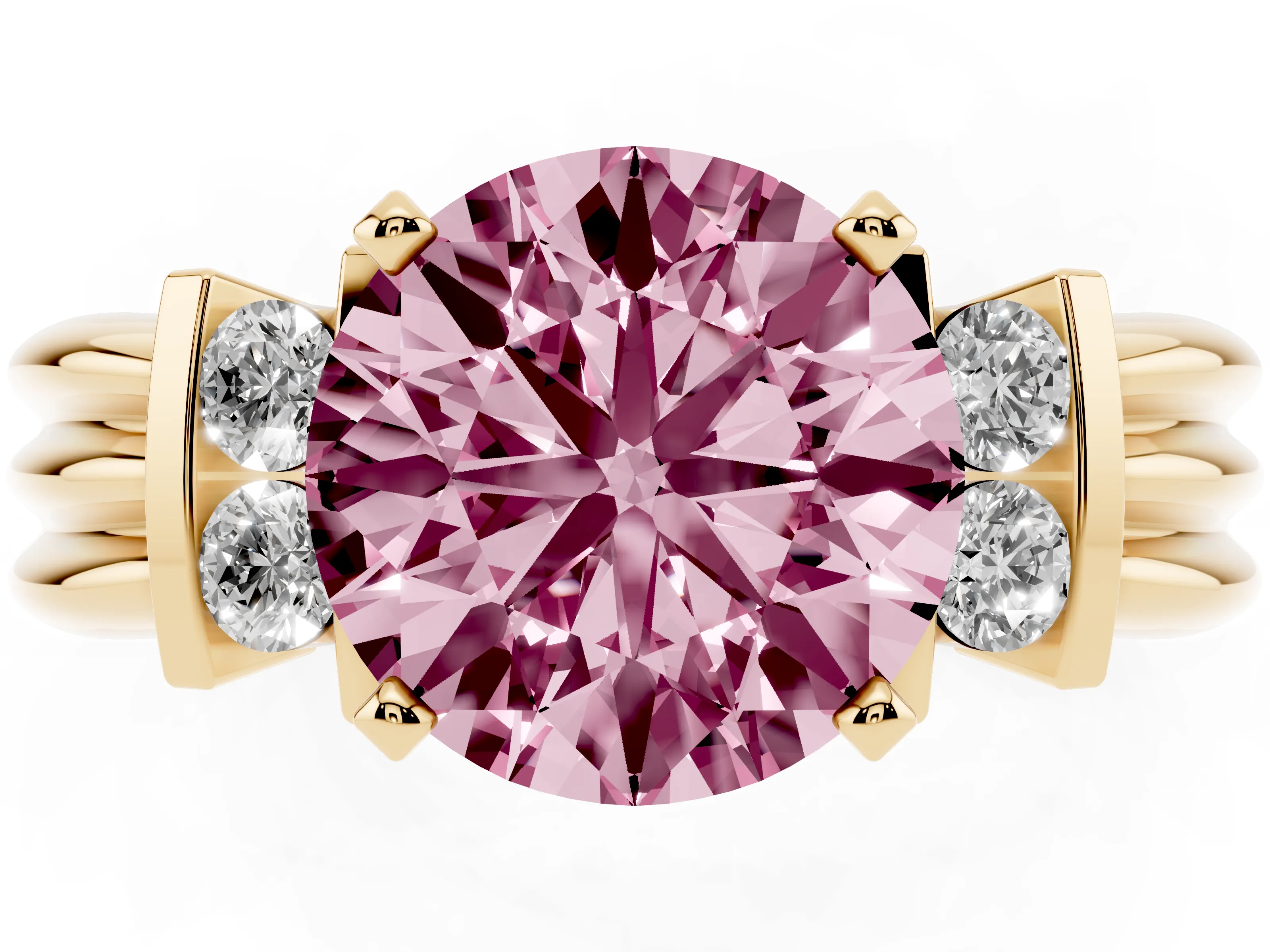 Fancy Pink Three-Stone Round Cut Diamond Channel Set Ring Set in Yellow gold with Bar Prongs