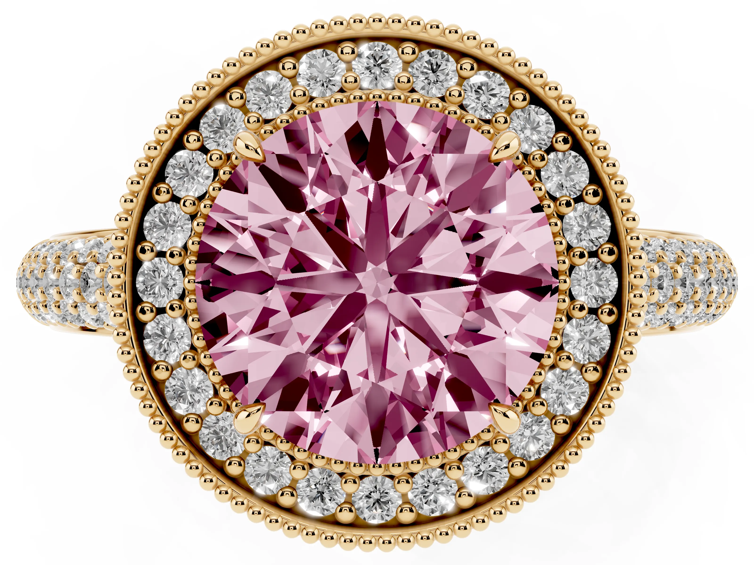 Fancy Pink Round Cut Diamond Halo Pavé Band Set in Yellow gold with Prong Setting