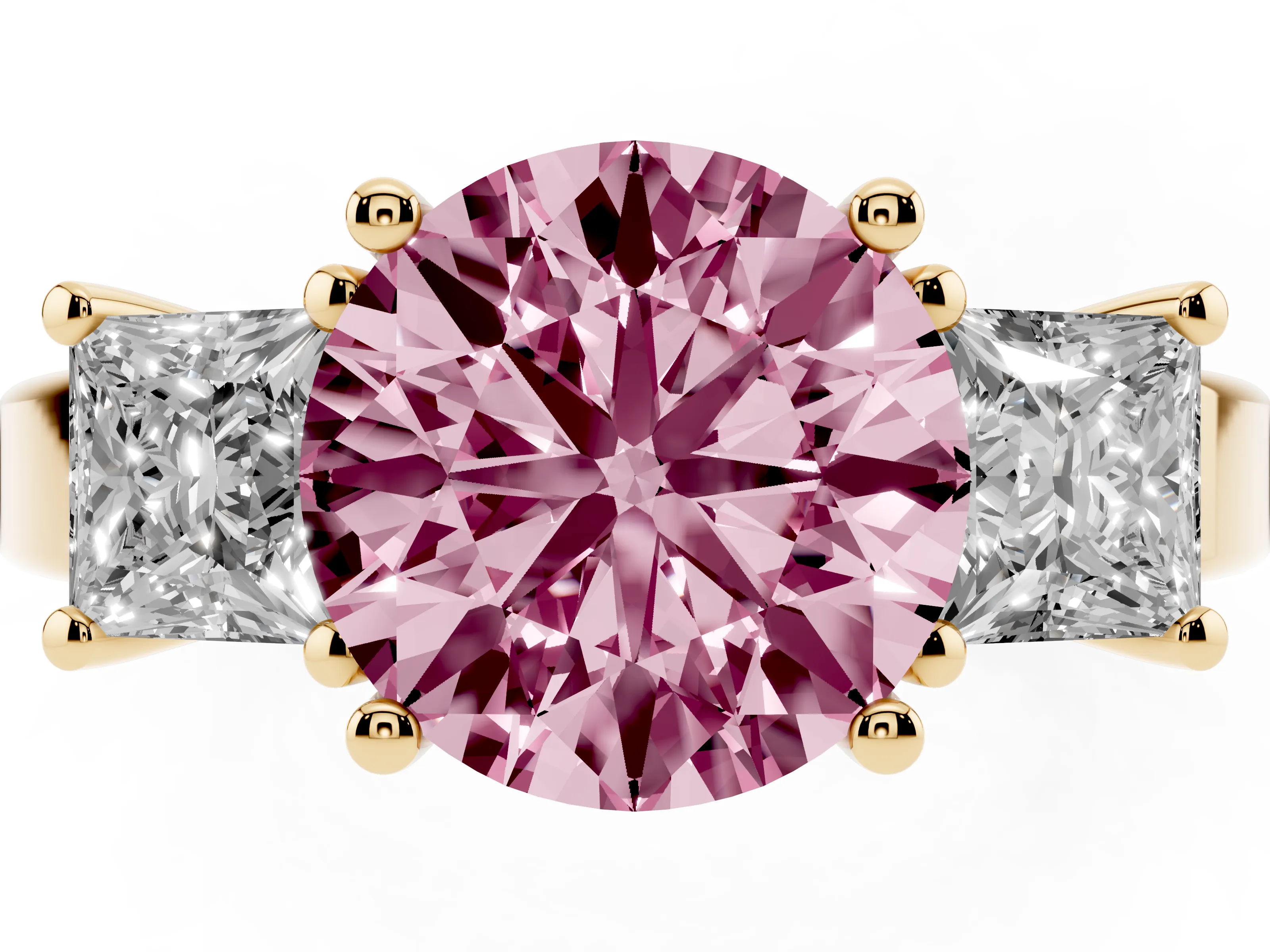 Fancy Pink Three-Stone Round Cut Diamond Solitaire Ring Set in Yellow gold with Prong Setting