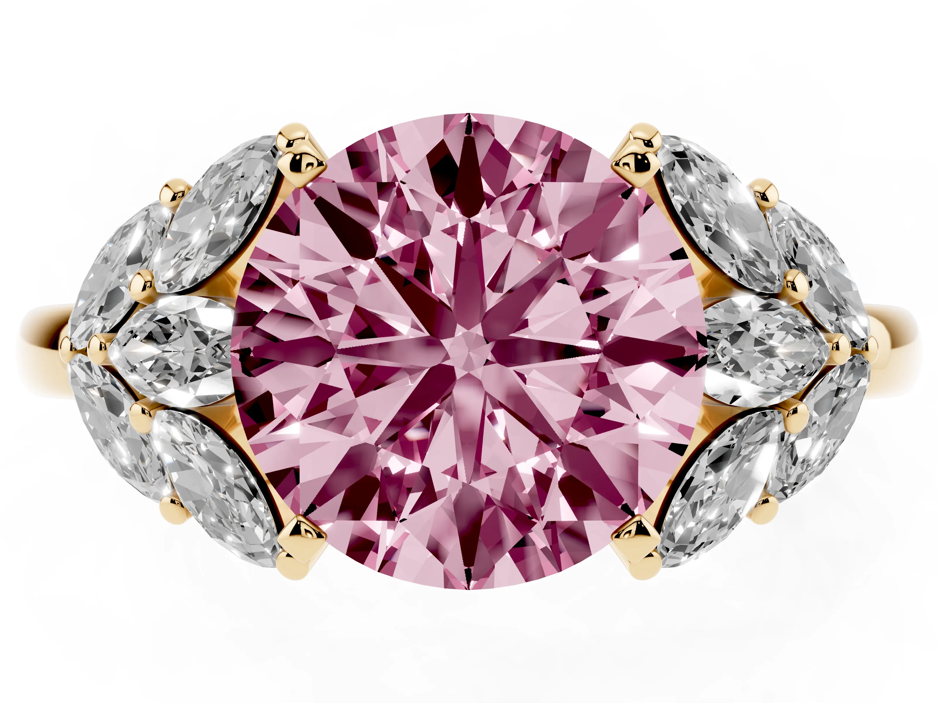 Fancy Pink Round Cut Diamond Cluster Leaf Design Ring Set in Yellow gold with Prong Setting