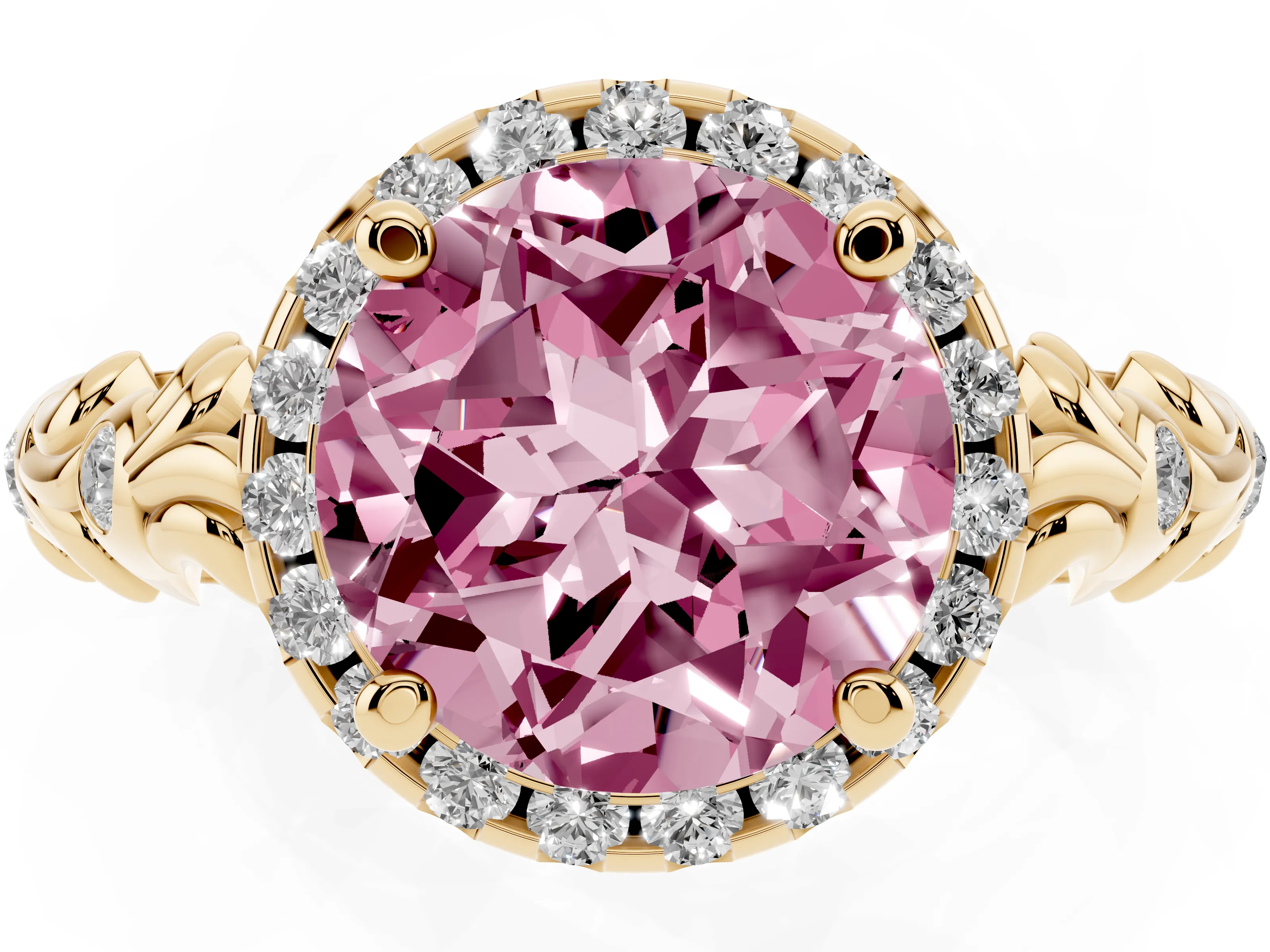 Fancy Pink Round Cut Diamond Halo Ring Set in Yellow gold with Filigree Leaf Band and Prong Setting